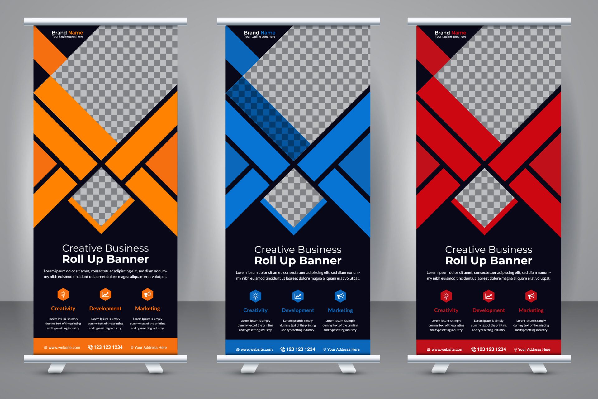 Elegant business roll-up banner template design. Creative modern abstract corporate standee X banner layout template. Free Vector