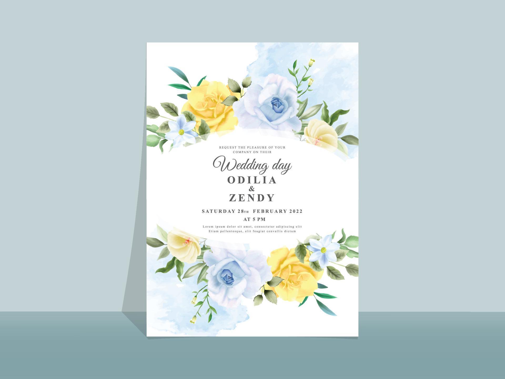 Wedding invitation card with beautiful blue and yellow flowers Stock Free