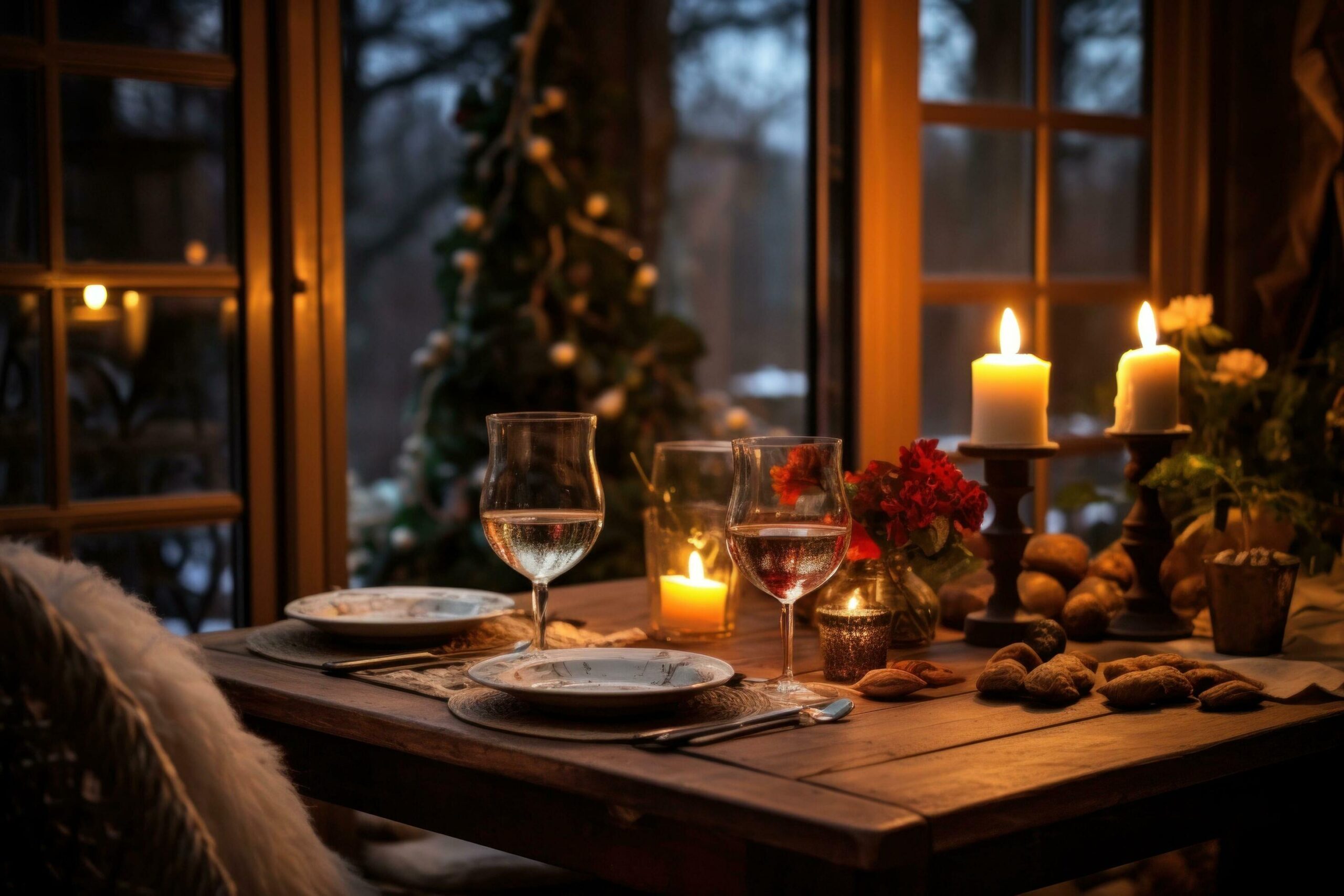 Cozy dinner, rustic decor, candles, and the joy of festive winter flavors Free Photo