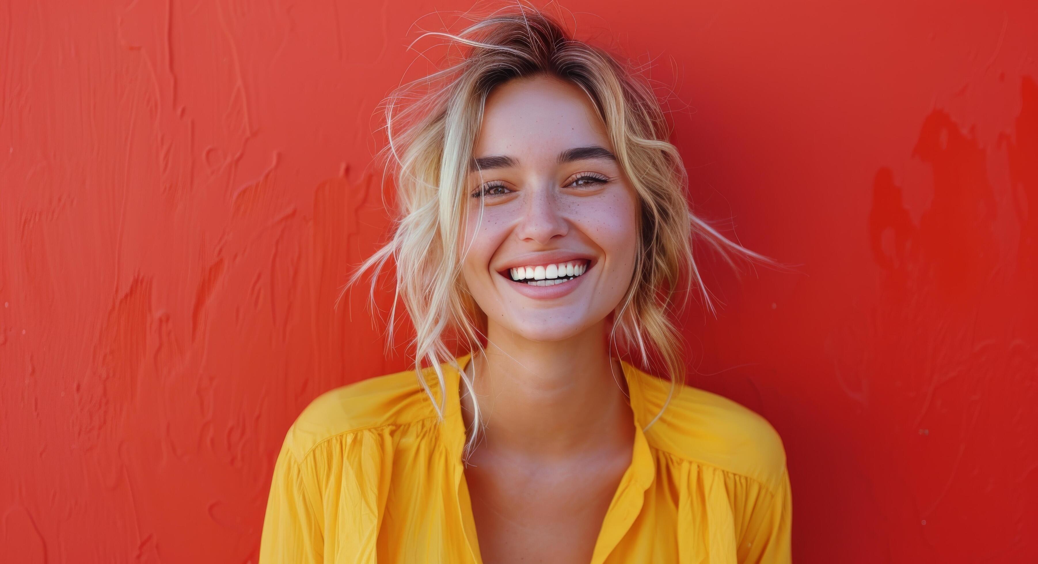 Smiling Woman in Yellow Shirt Against Red Wall Stock Free