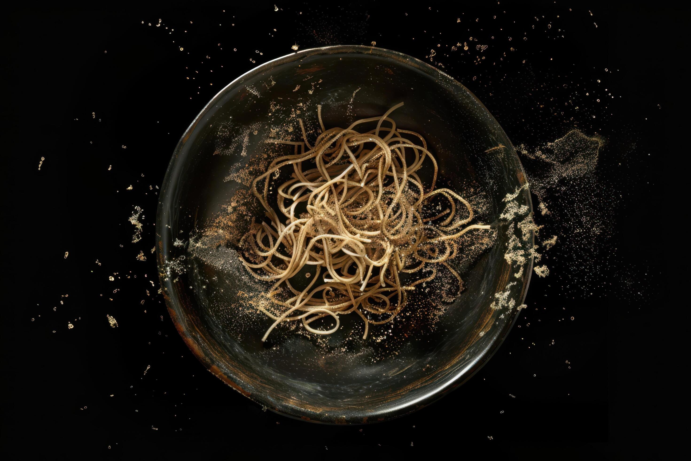 A Bowl of Spaghetti with Golden Specks Against a Black Background Stock Free