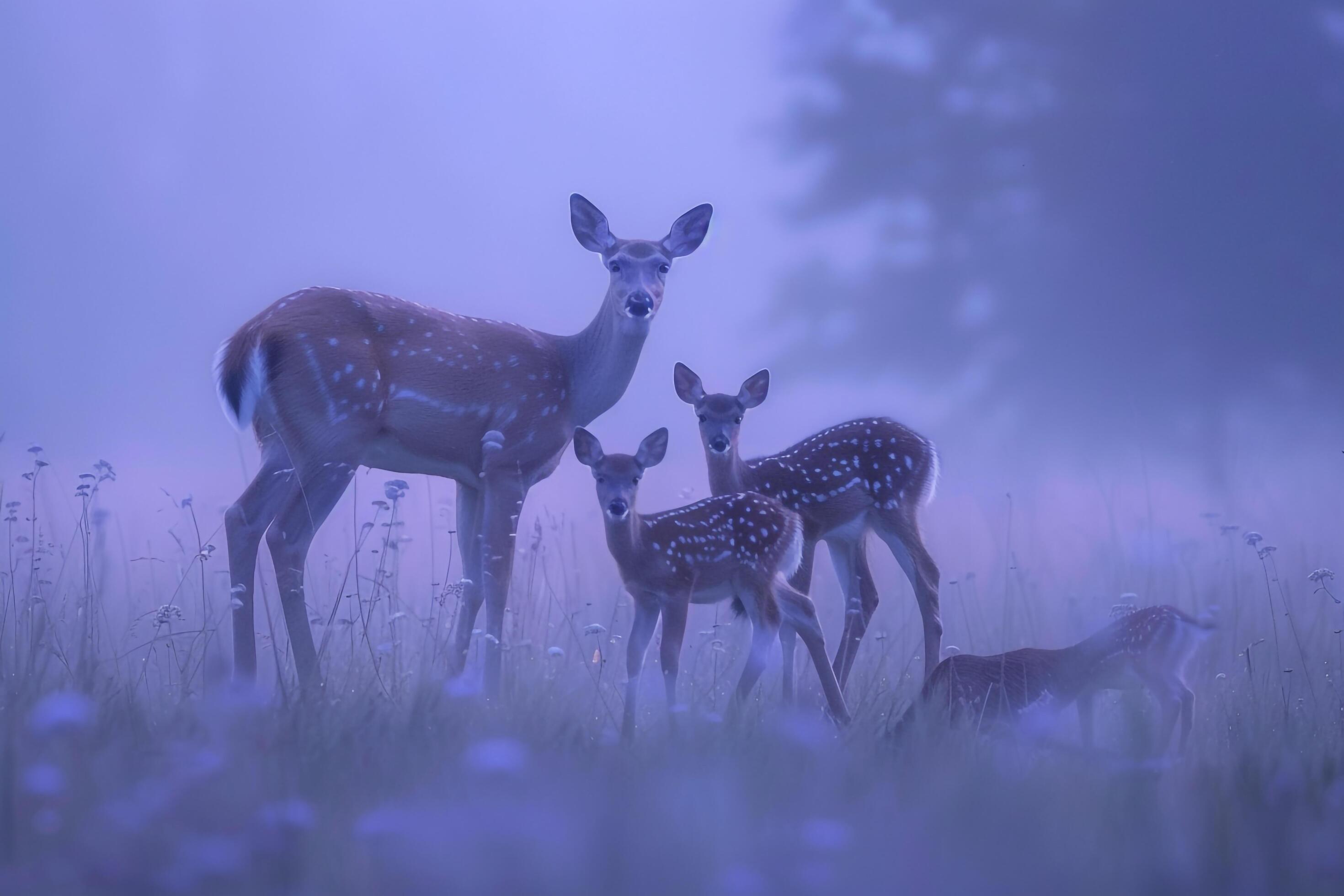 Moonlight Filtering Through Mist. Casting a Silver Glow on a Family of Deer Grazing in a Meadow Nature Background Stock Free