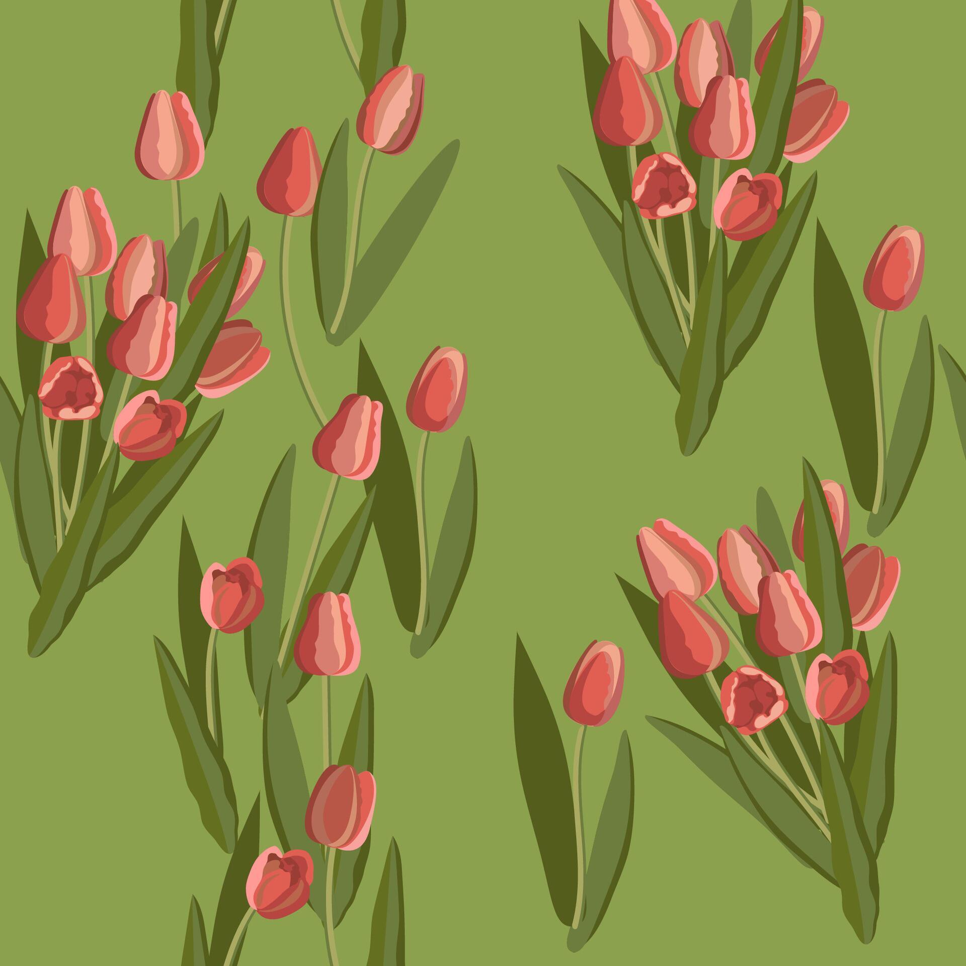 Vintage tulip seamless pattern of bright flowers and leaves. Vector. Stock Free