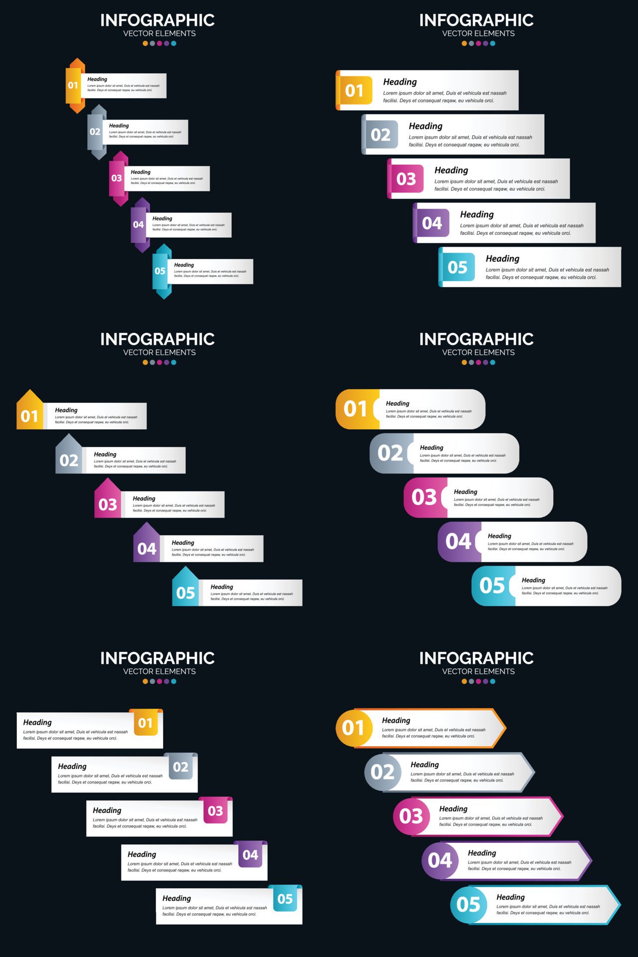 Vector 6 Infographics Pack Presentation slide template 5 Steps cycle diagrams and timelines Free Vector and Free SVG