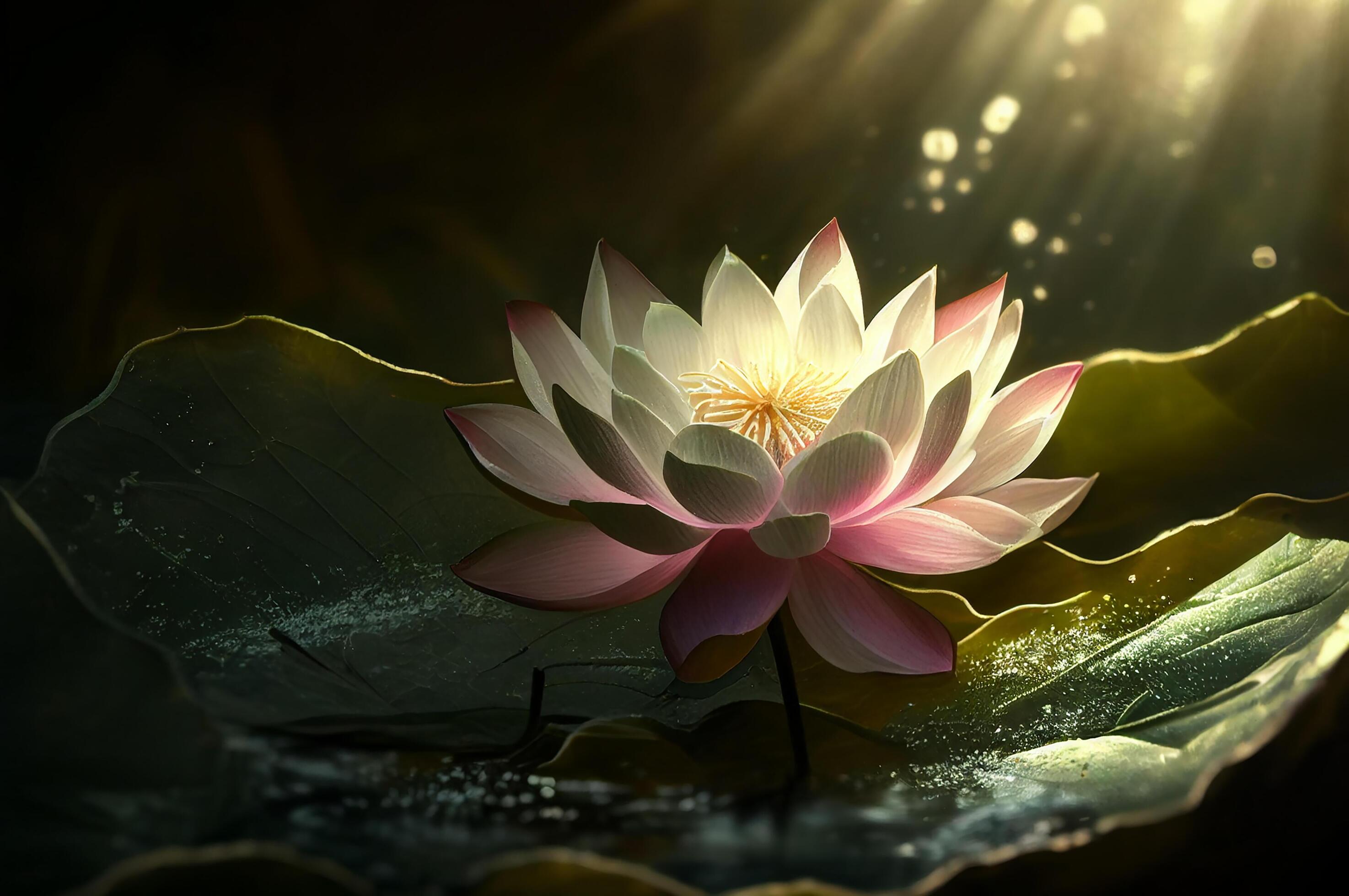 Beautiful lotus flower or water lily and leaves in a pond with sunlight and sunshine in the morning, Stock Free