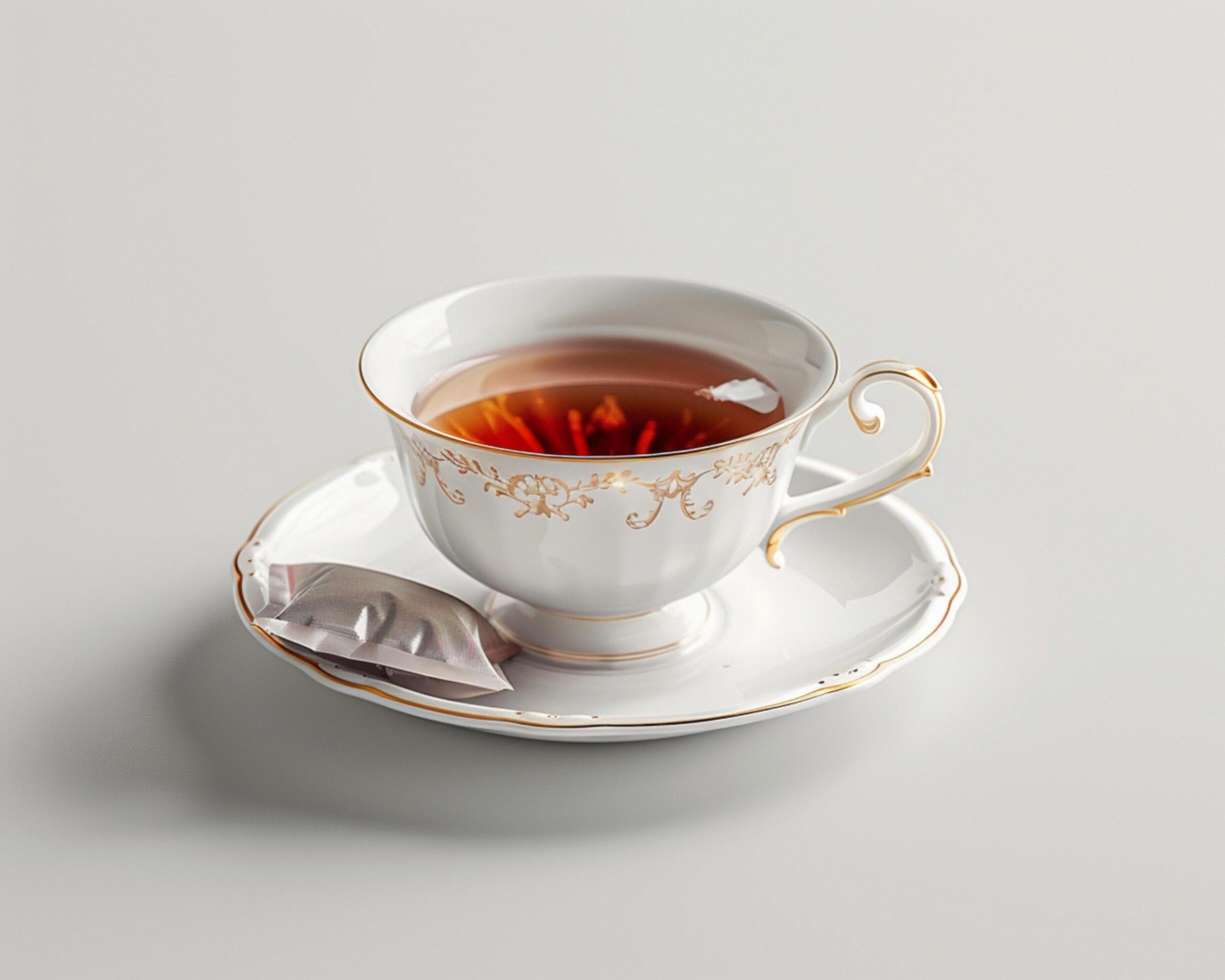 a cup of tea with a saucer on a table Stock Free