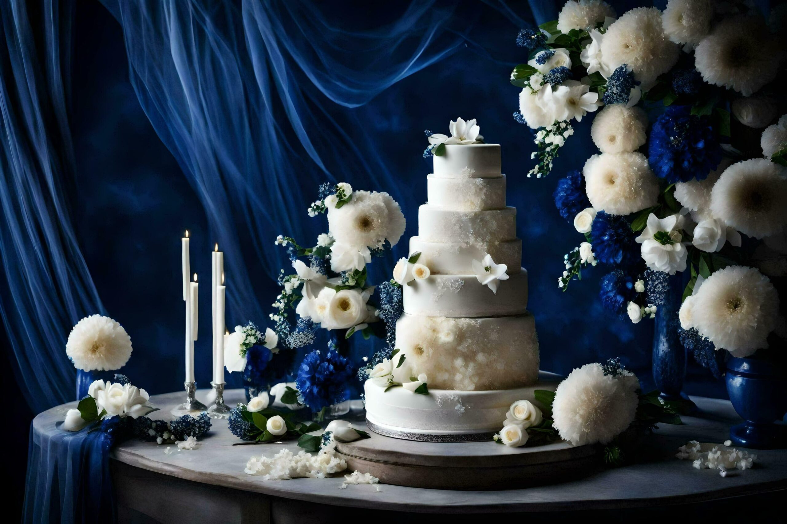 a wedding cake is decorated with blue flowers Free Photo