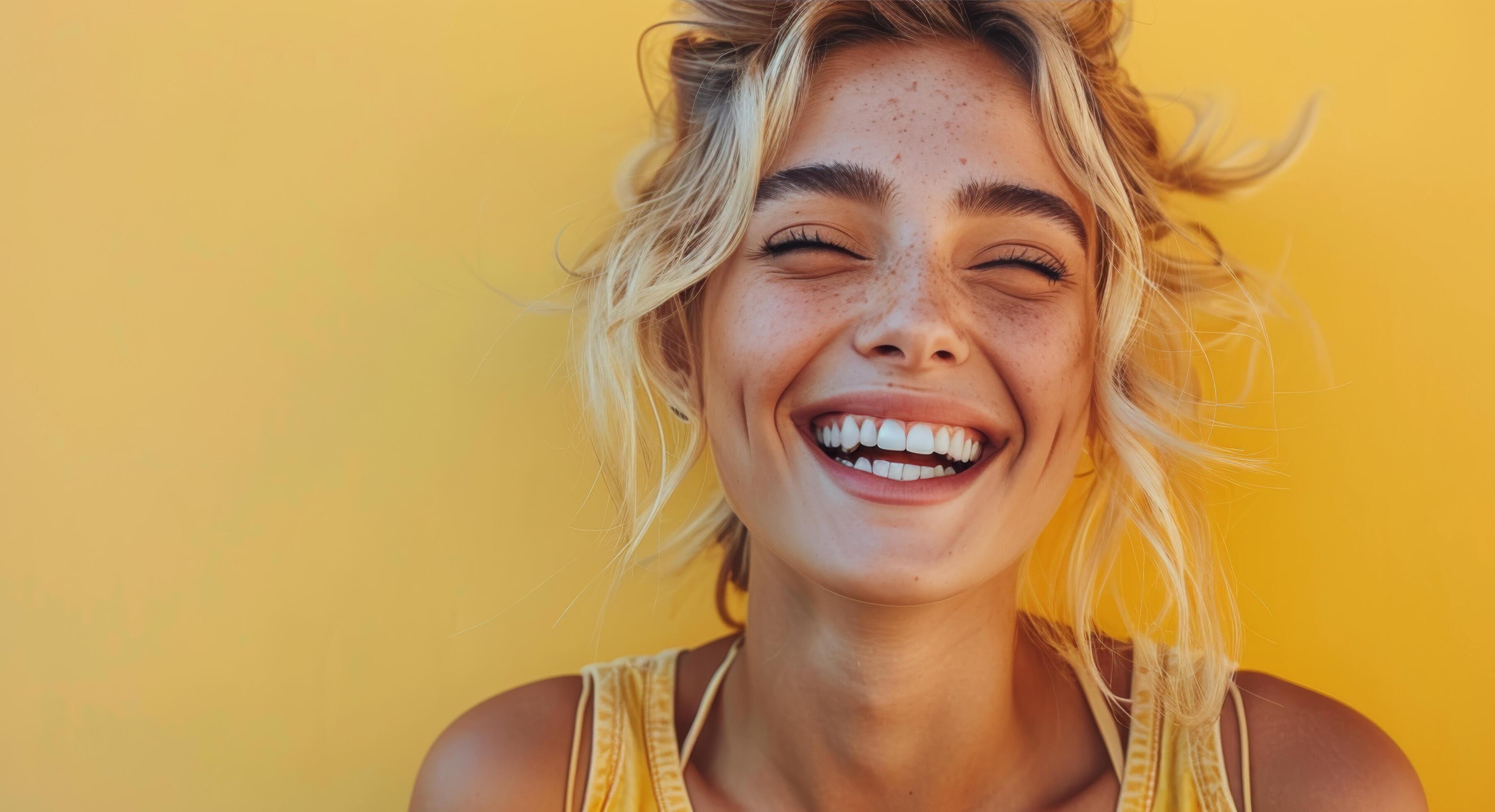 Happy Woman With Blonde Hair Smiling in Front of Yellow Wall Stock Free