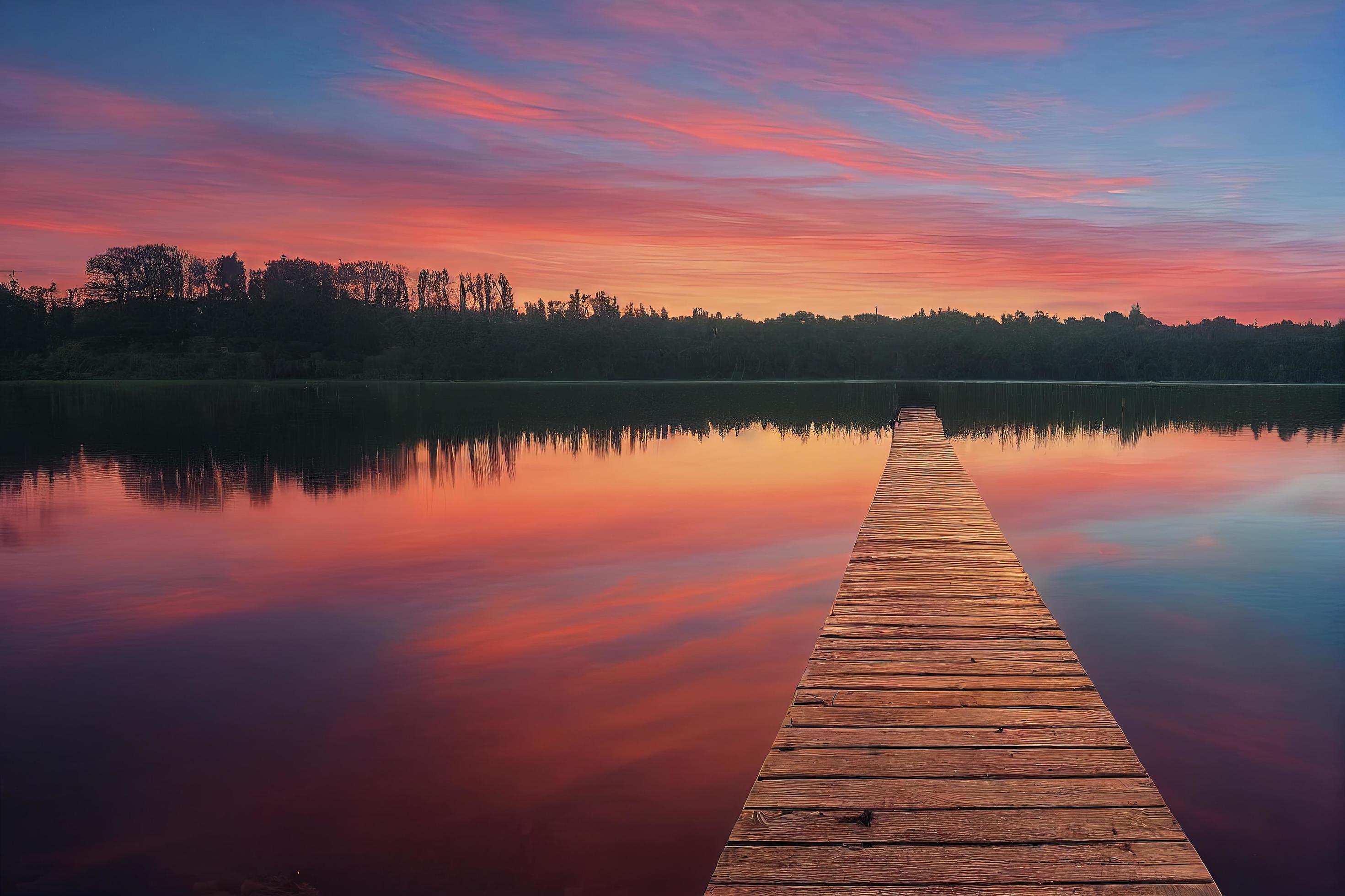 colorfull wooden pier on a lake that is totally calm during sunset Stock Free