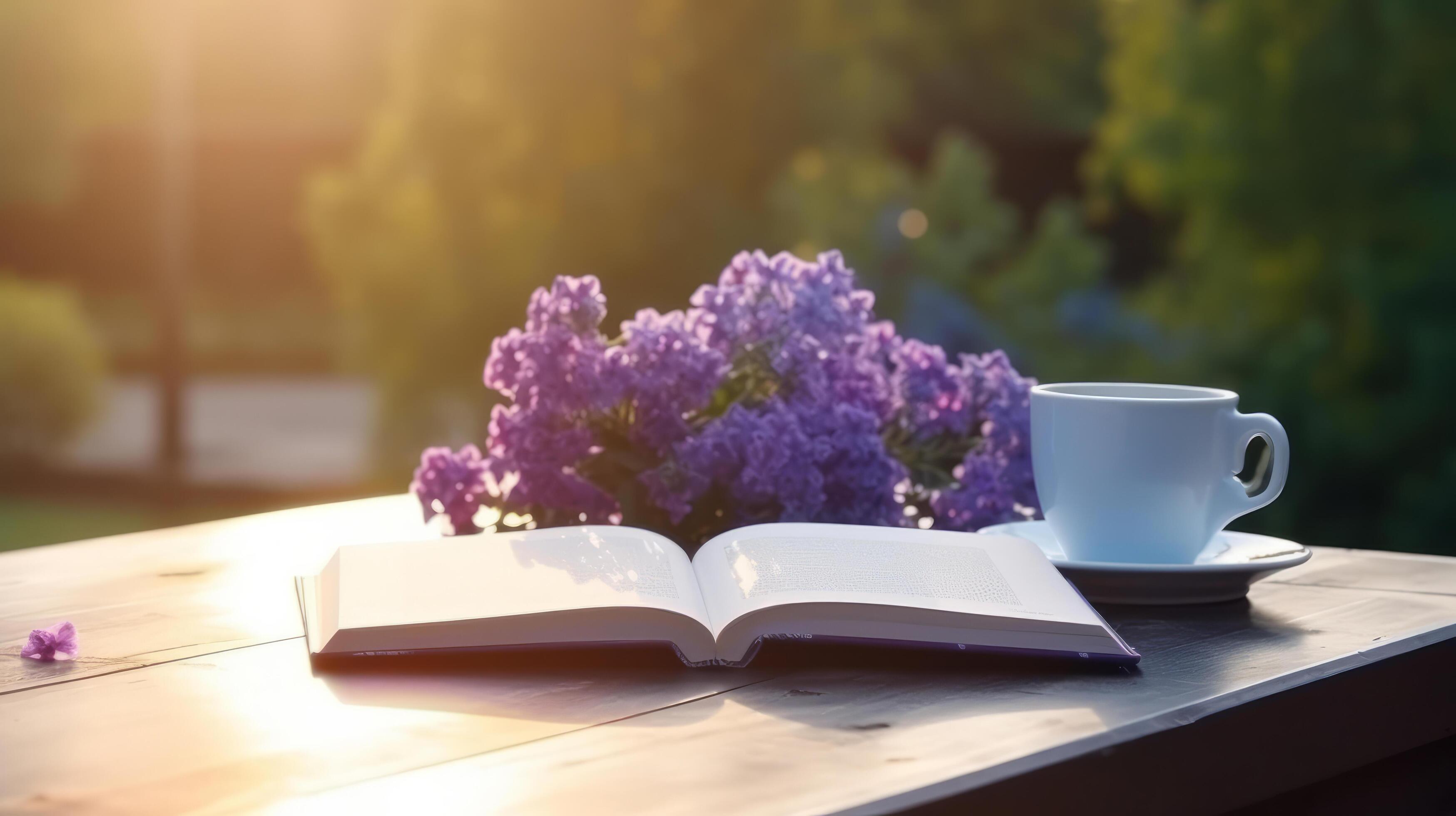 Cup of coffee with book and Lilly flowers. Illustration Stock Free