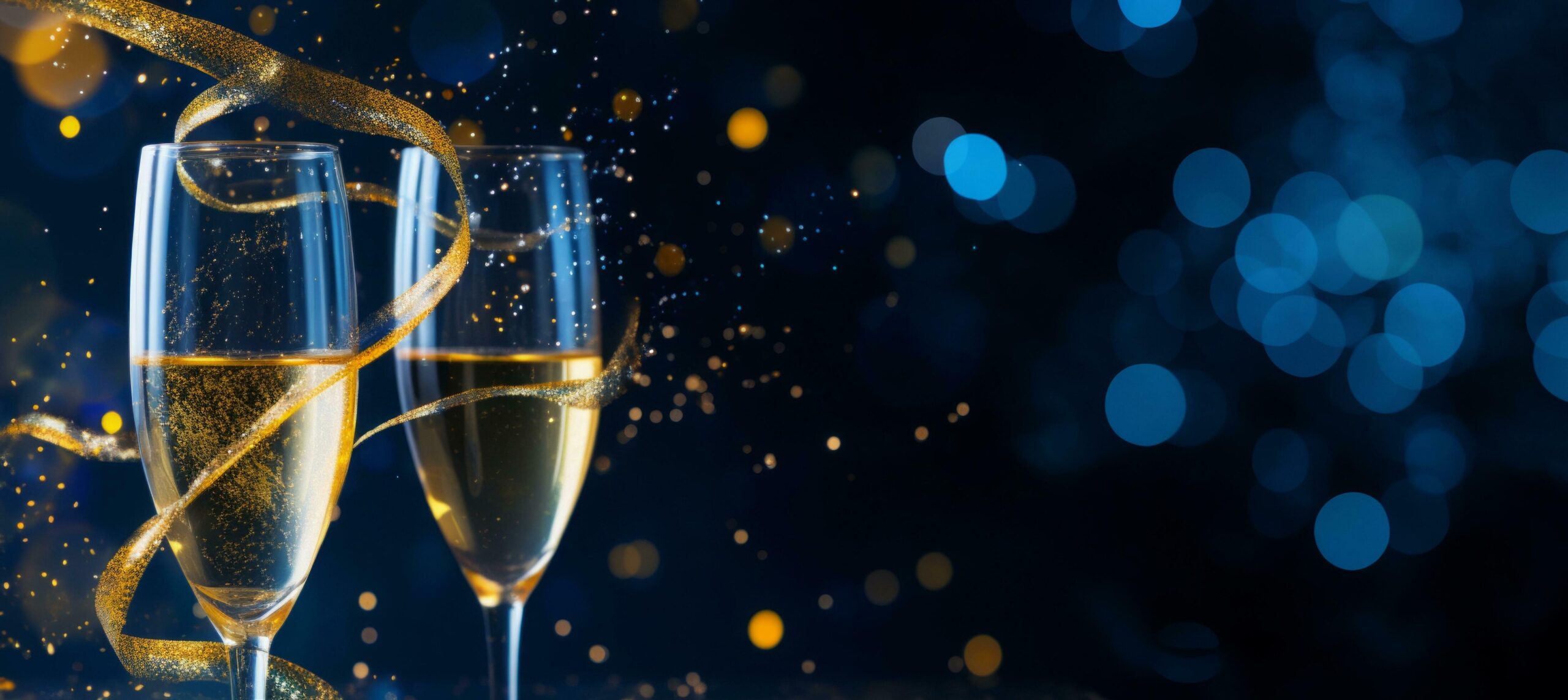 Close up of two glasses with bubbly champagne and gold ribbon on dark bokeh background Free Photo