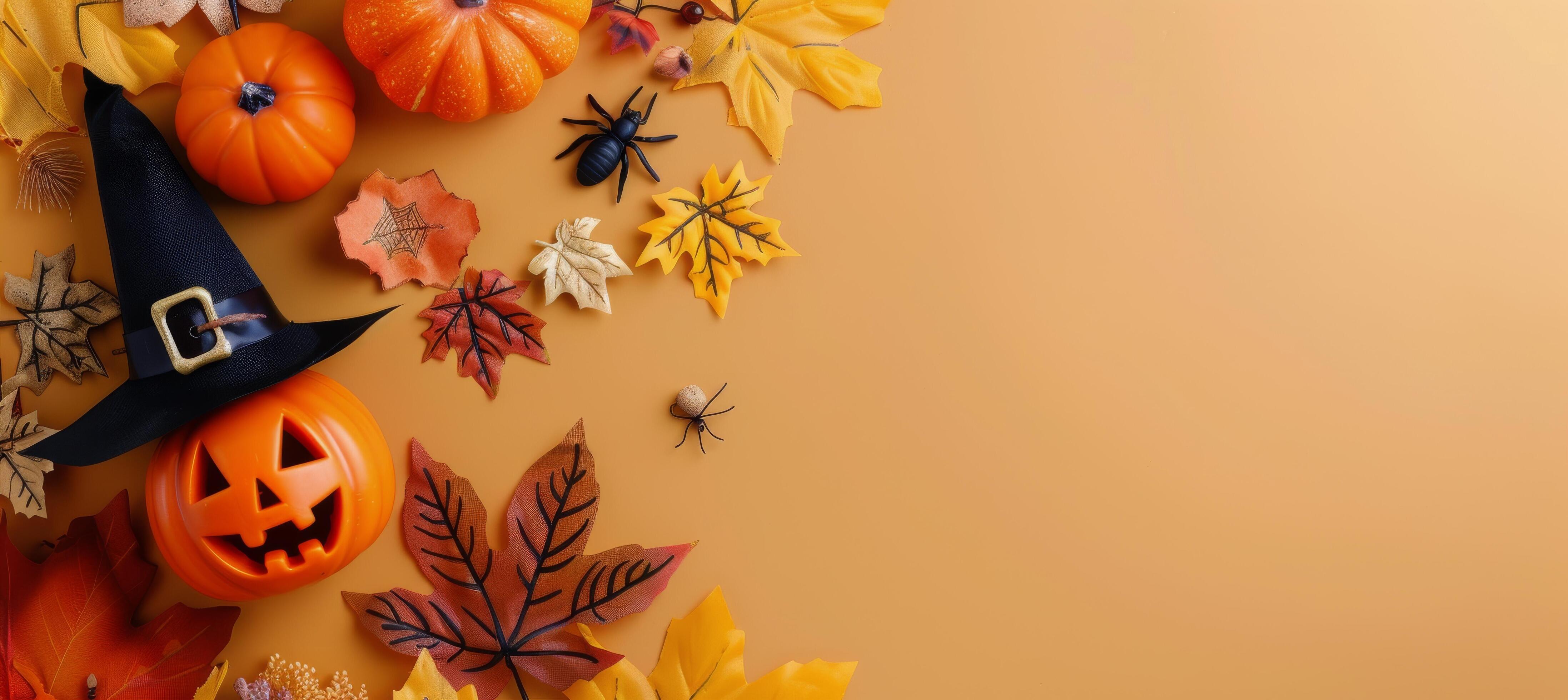 Autumn Decor With Pumpkins, Apples, and Leaves on Warm Orange Background Stock Free