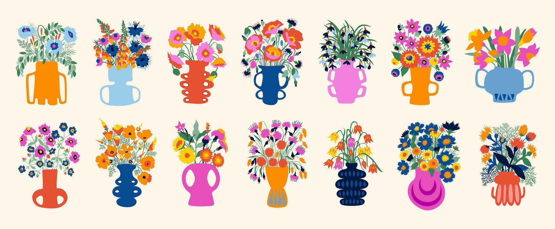 Set of bouquets with flowers. Interior painting. Colorful illustrations of flowers for covers, pictures. Vector illustration. Stock Free