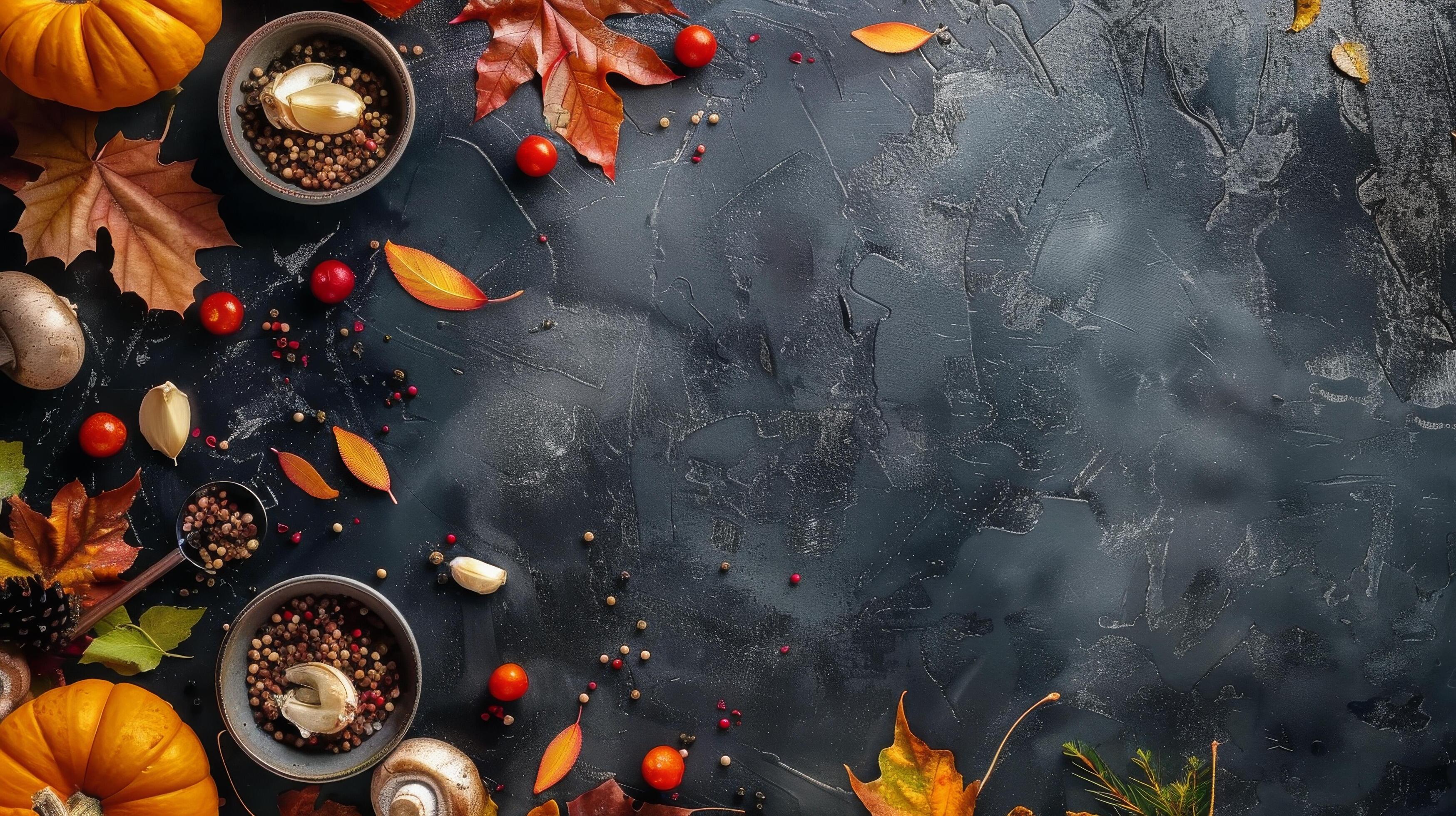 Autumnal Food and Leaves on Dark Background Stock Free