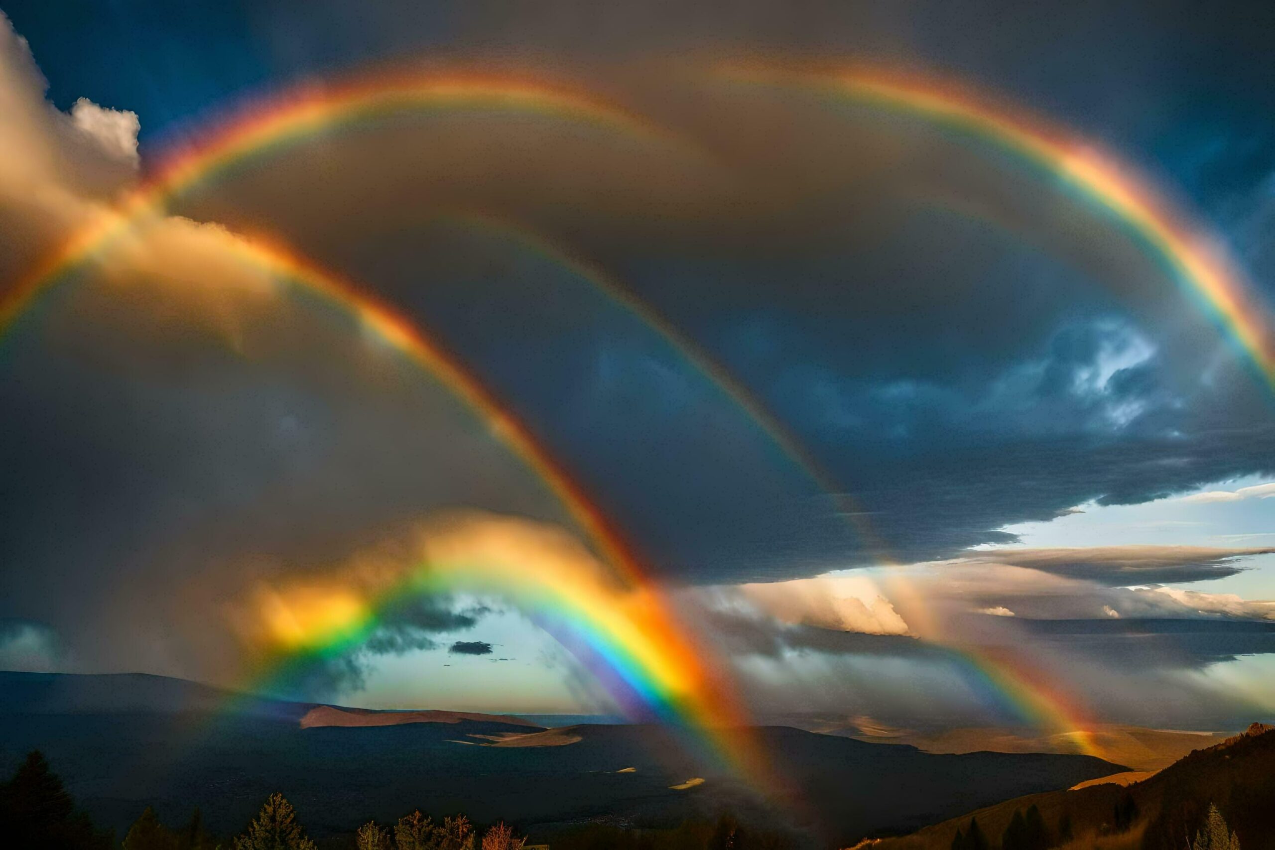 a rainbow appears over a mountain range with clouds Free Photo