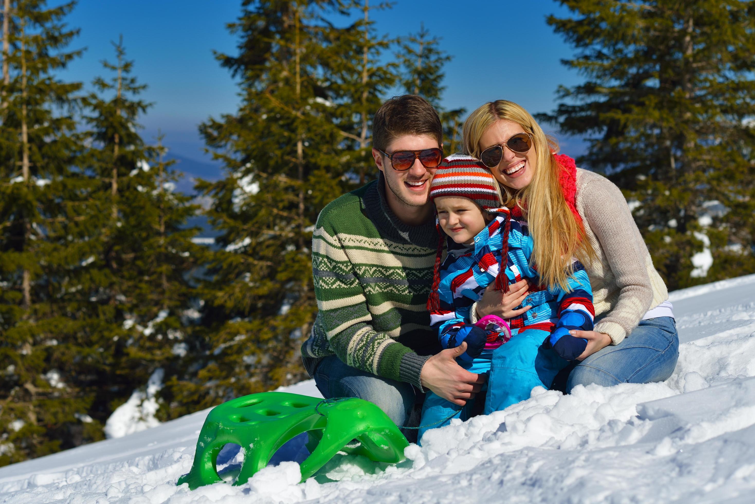 family having fun on fresh snow at winter Stock Free