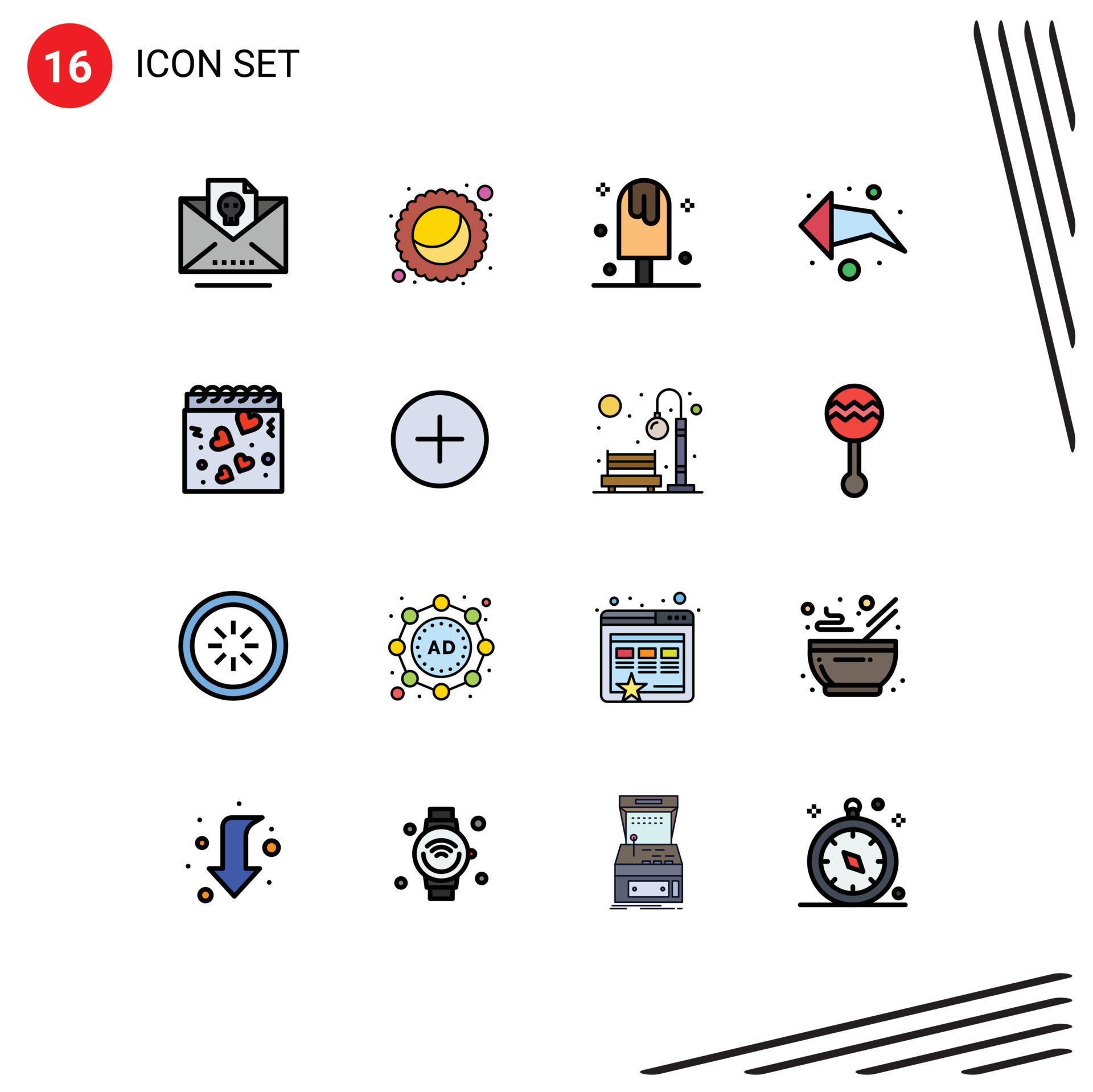 Modern Set of 16 Flat Color Filled Lines Pictograph of love calendar dessert direction arrow Editable Creative Vector Design Elements Stock Free