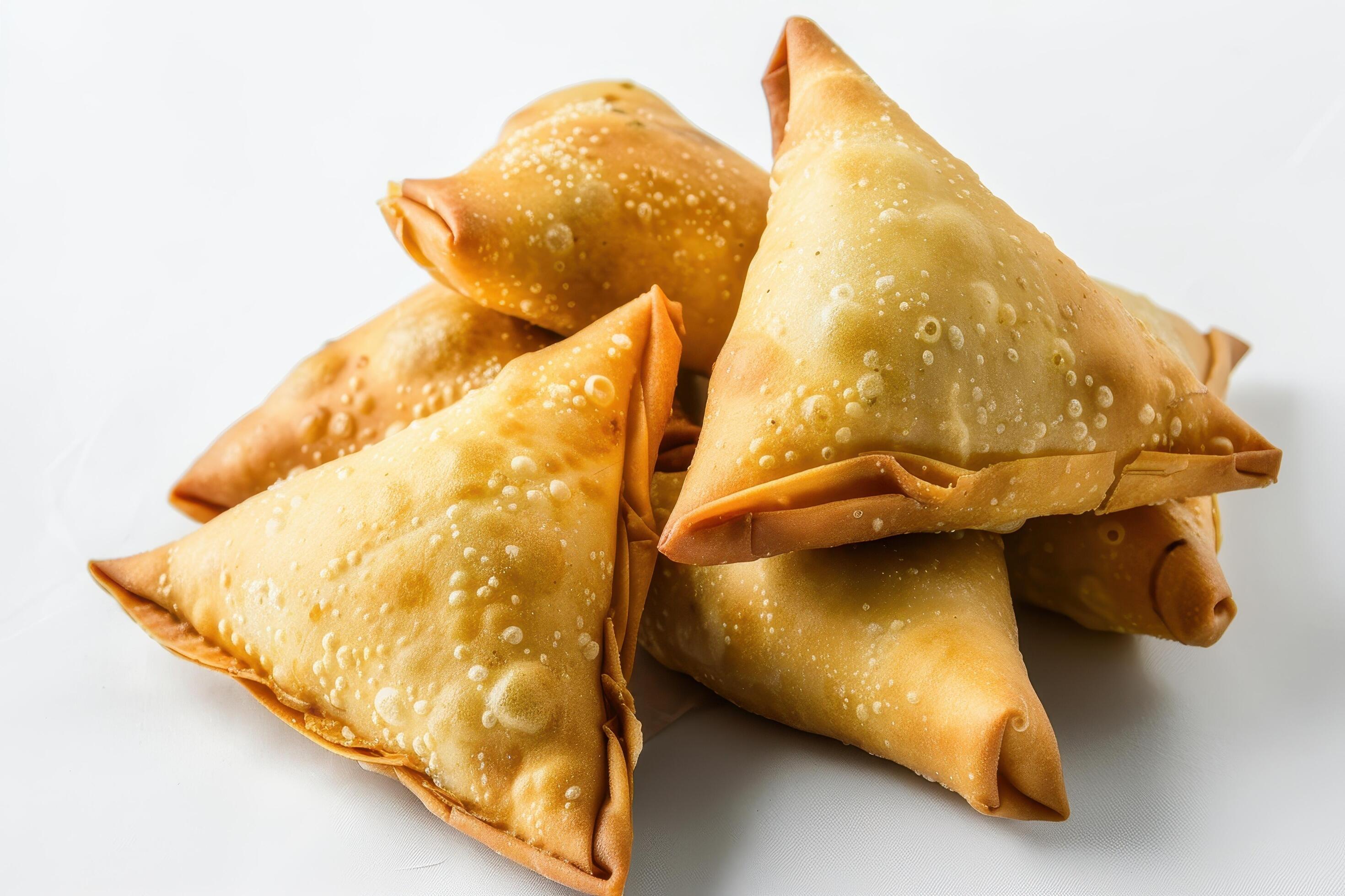 Golden Brown Fried Samosas on a White Background Stock Free