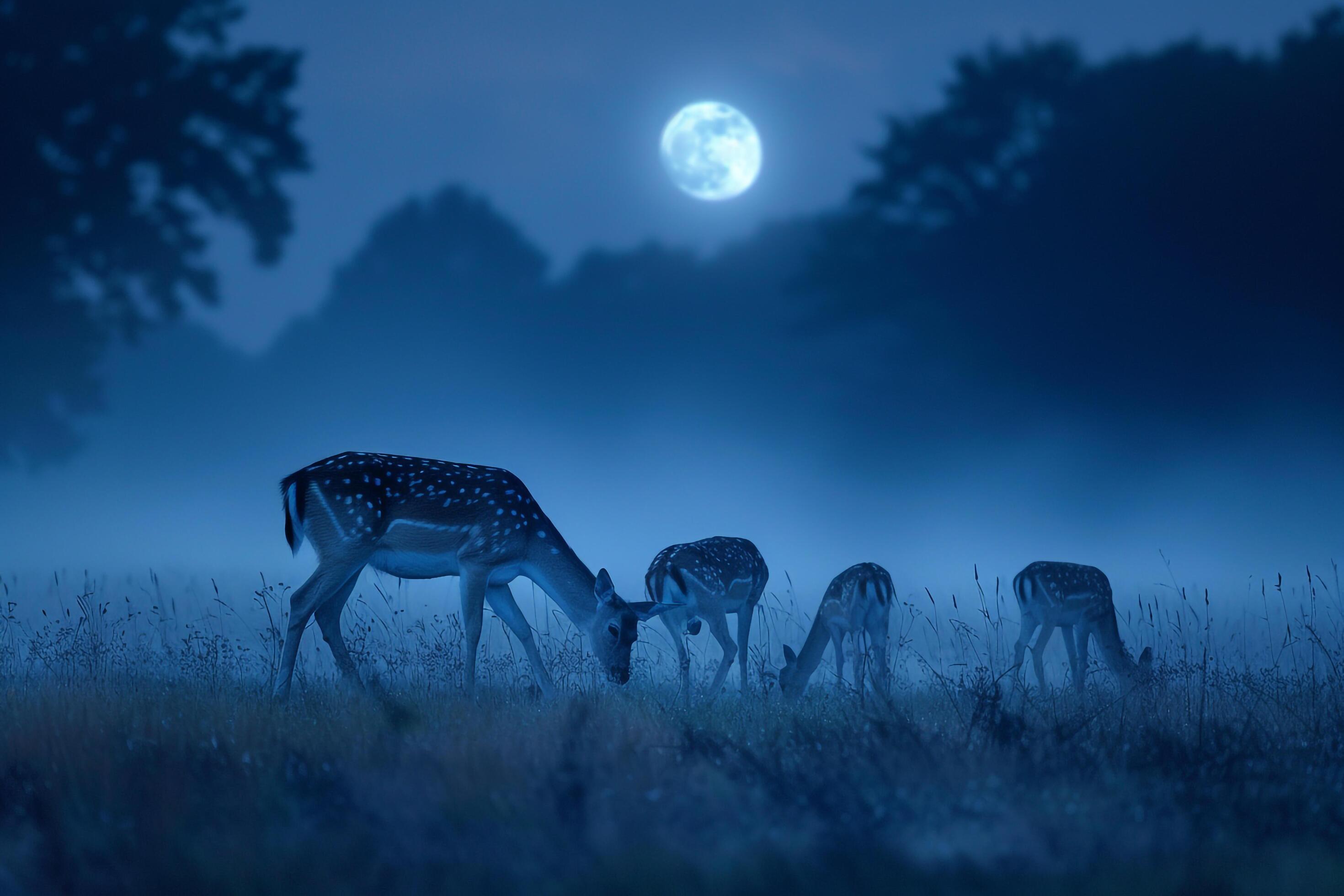 Moonlight Filtering Through Mist Casting Silver Glow on Family of Deer Grazing in Meadow Background in Nature Stock Free