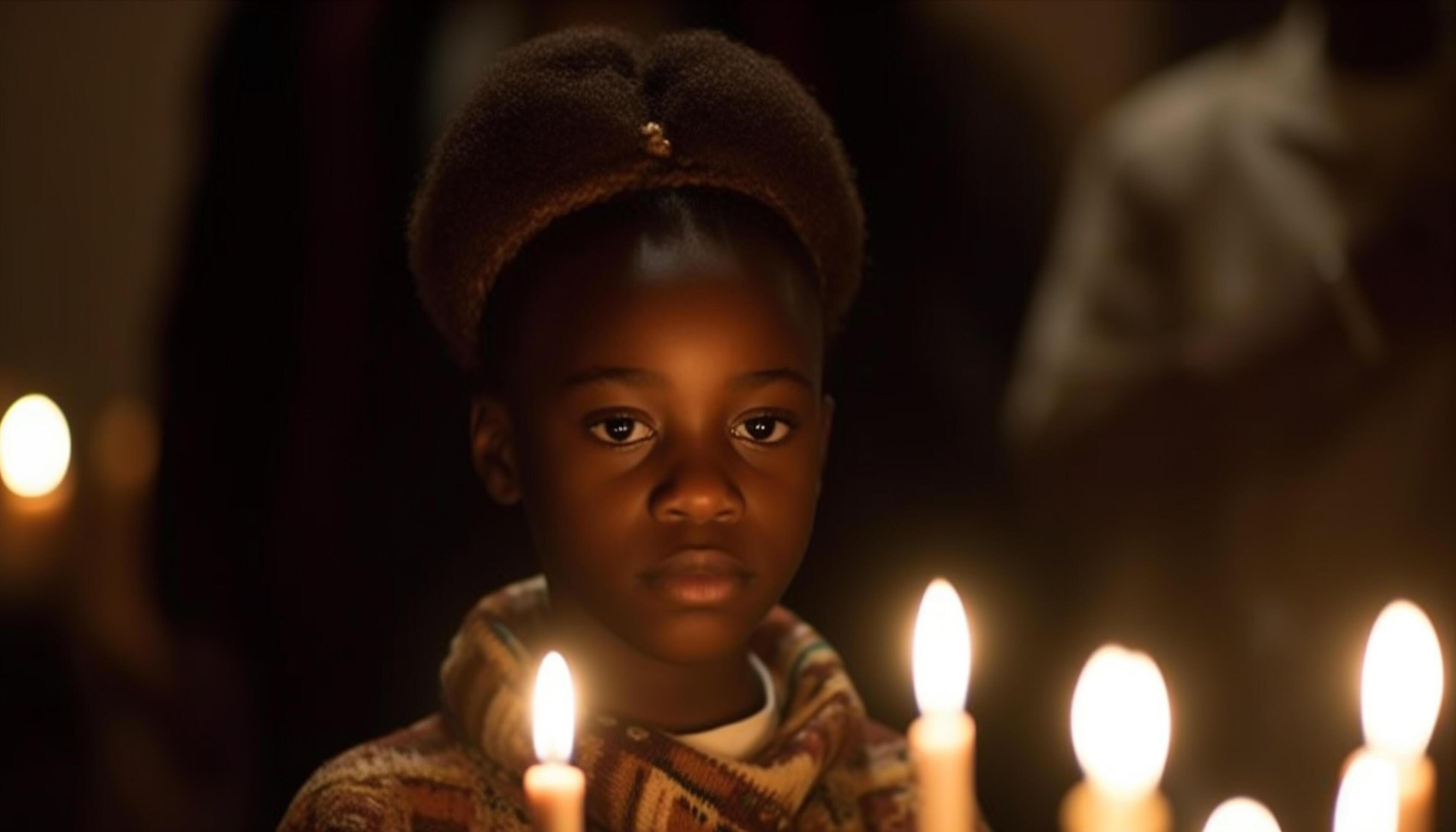 African child smiling, holding candle, celebrating Christmas with family indoors generated by AI Stock Free