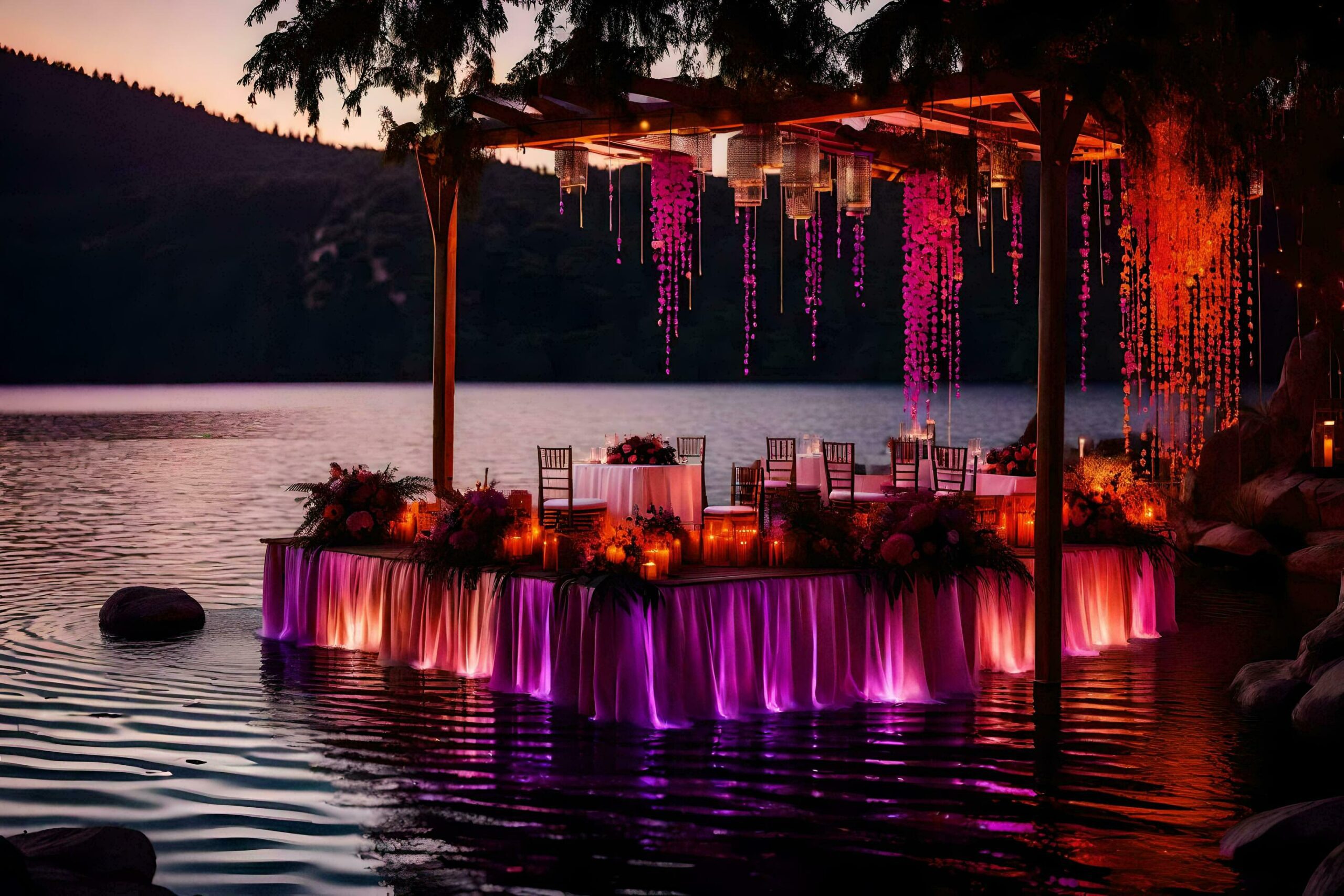 a wedding reception set up on the water at night Free Photo