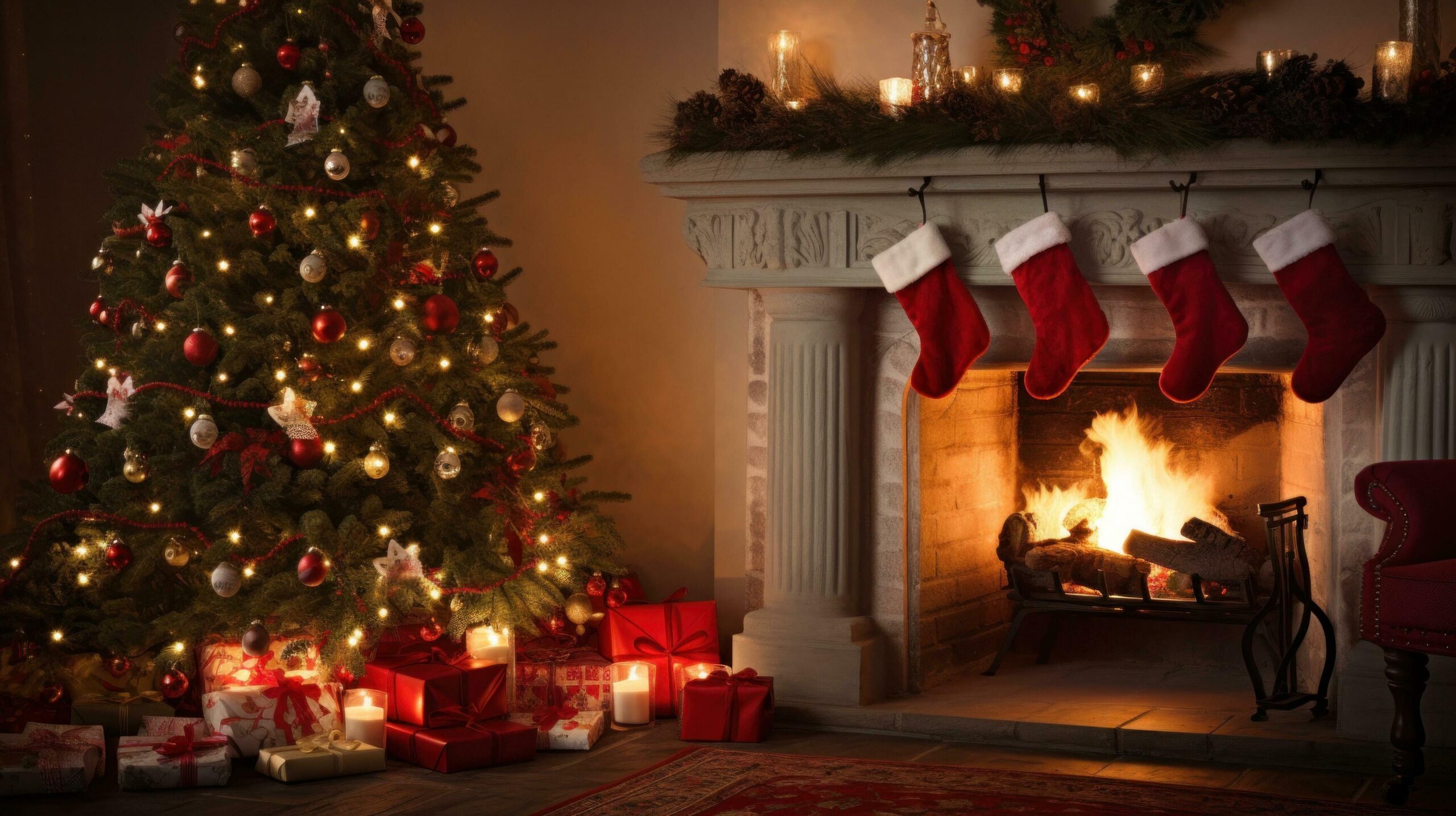 A warm and cozy Christmas scene with a fireplace, decorated with garlands and stockings Free Photo