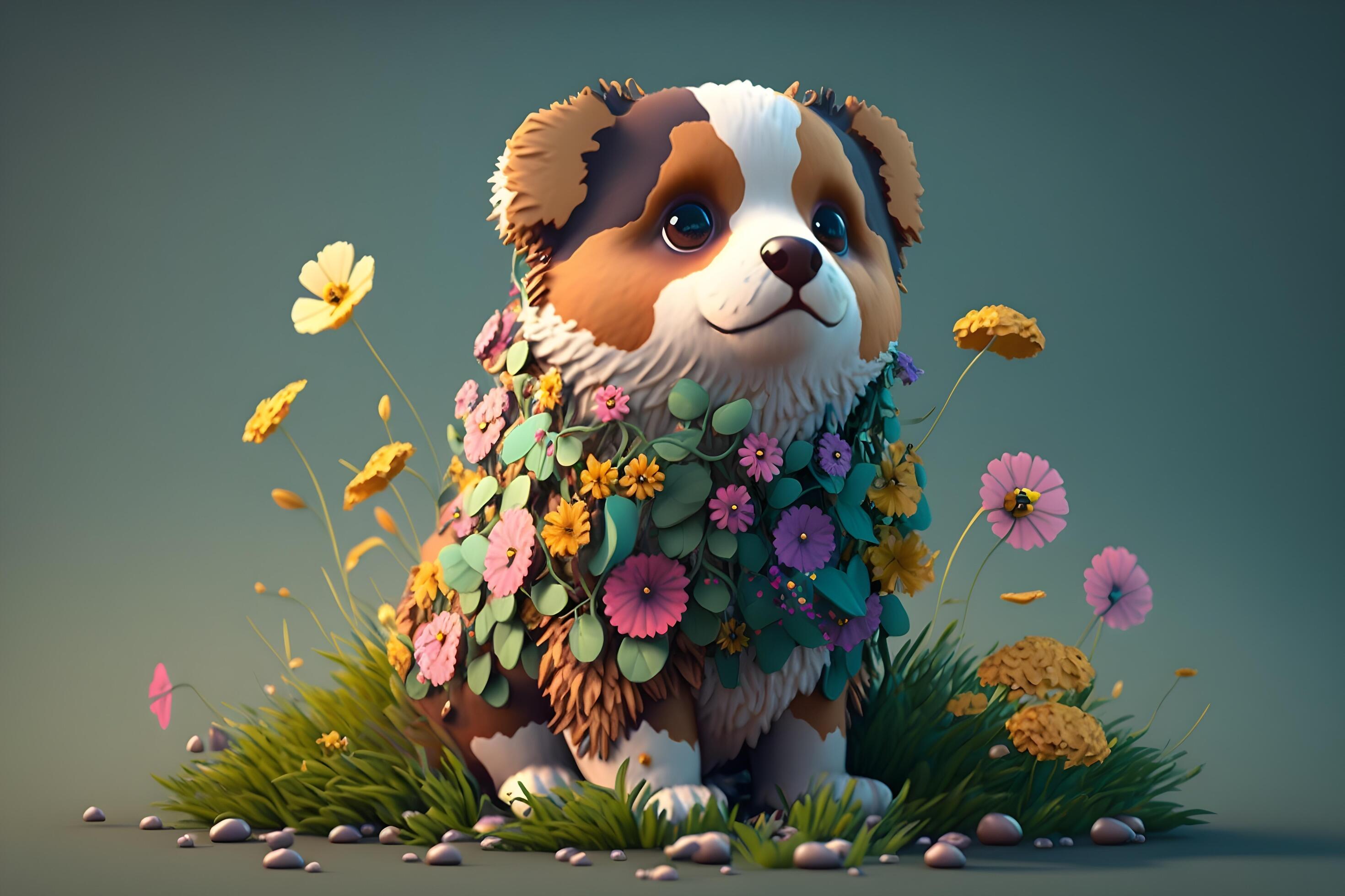 Animated 3d animal dog and flowers around it created by technology Stock Free