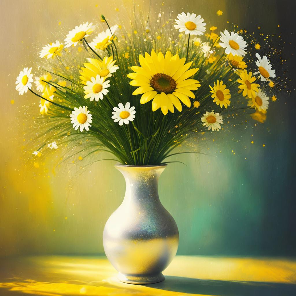 Daisies in yellow vase by @ai_generated