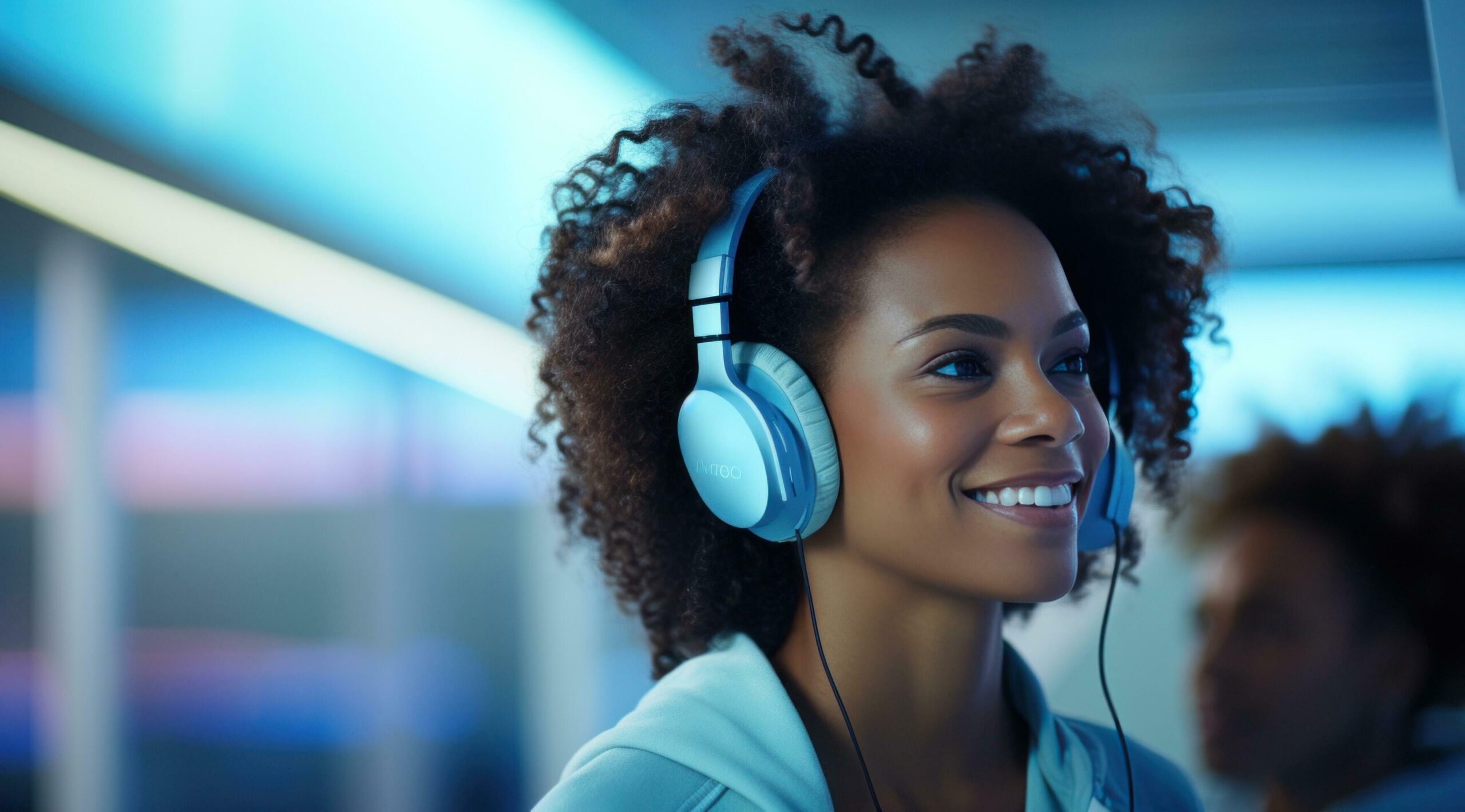 a man is wearing headphones while a woman smiles Free Photo