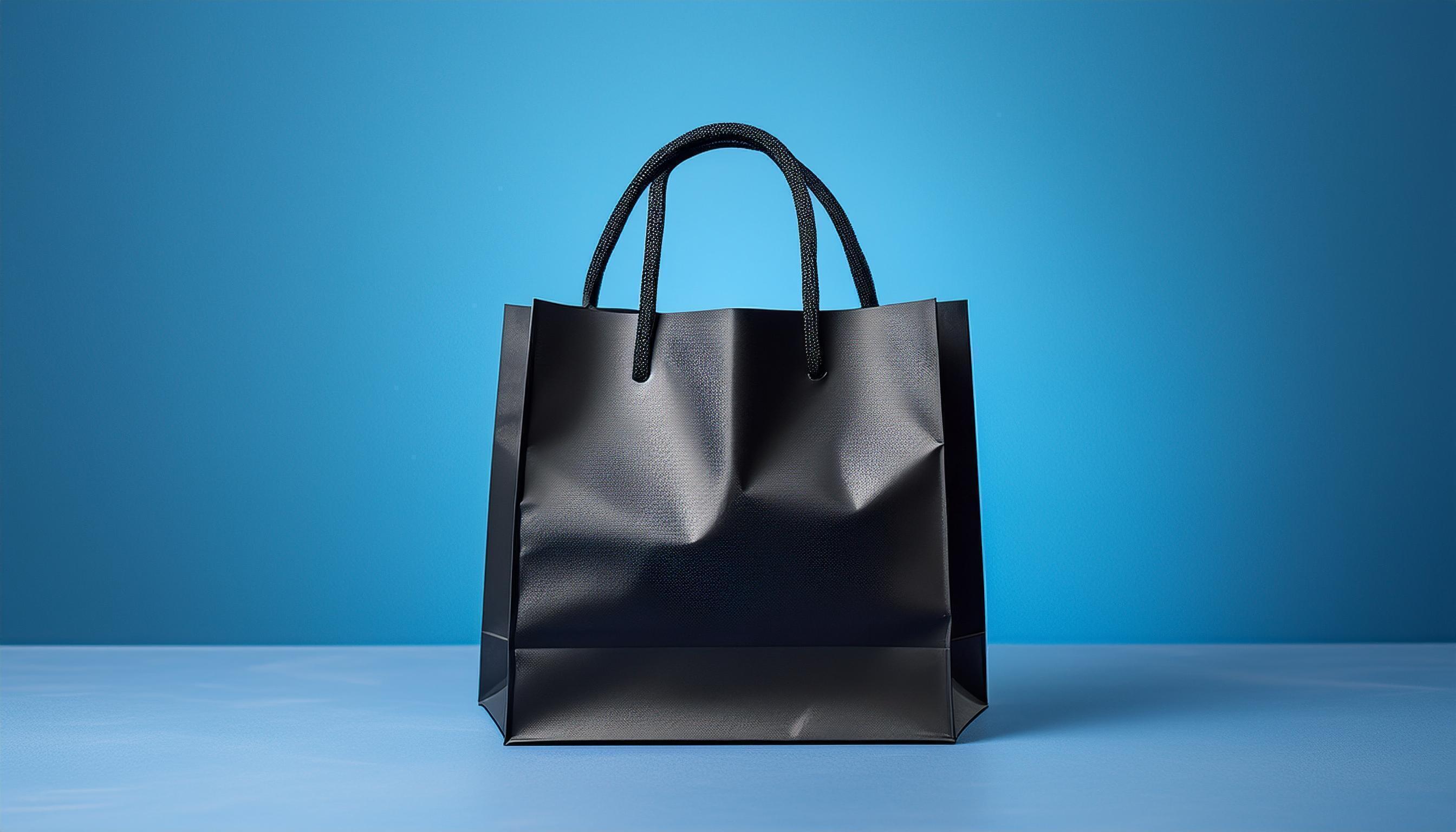 black shopping bag with empty space, blue studio background. Stock Free