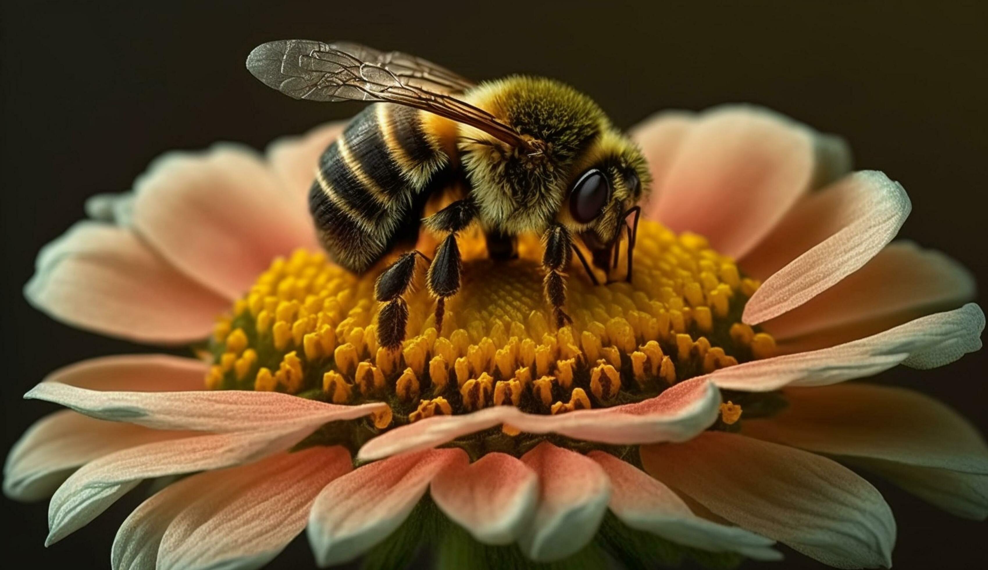 Bee collecting pollen on vibrant yellow flower generated by AI Stock Free