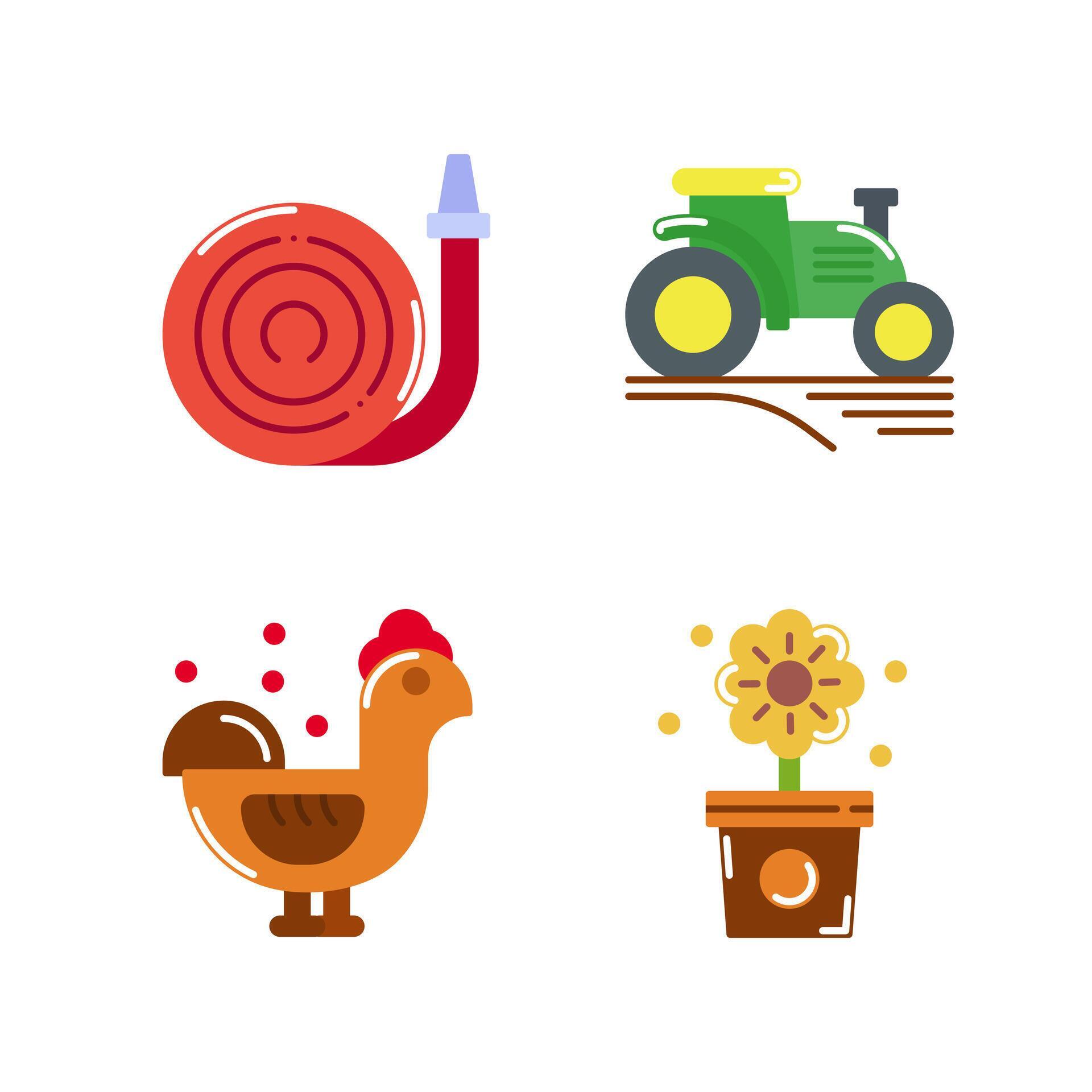 set of Farming icons style flat Illustration with Hose, tractor, flower isolated white background. Stock Free