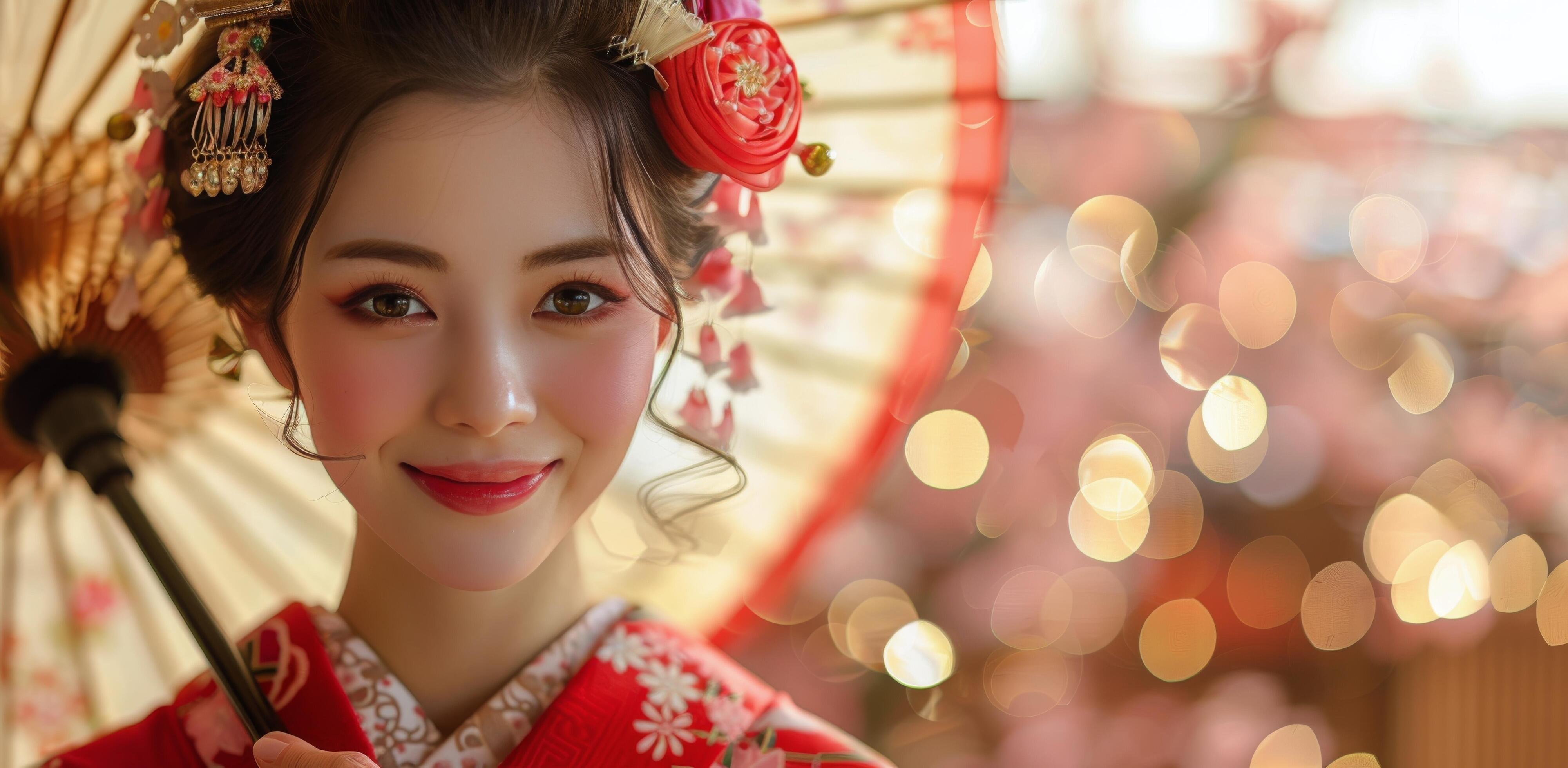 Young Woman Wearing Traditional Red Kimono Smiles Underneath a Red Umbrella Stock Free