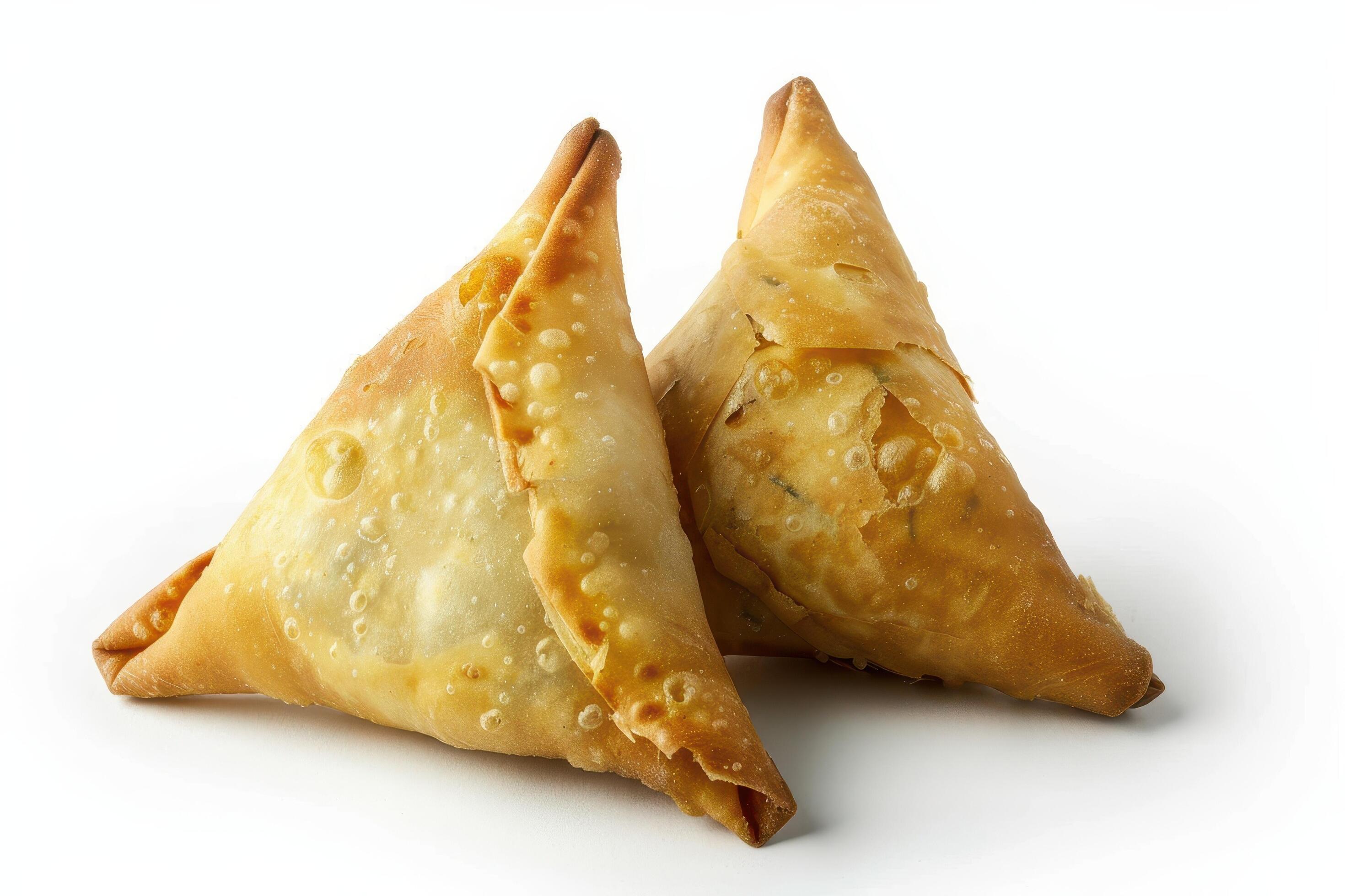 Two Golden Brown Fried Samosas on White Background Stock Free