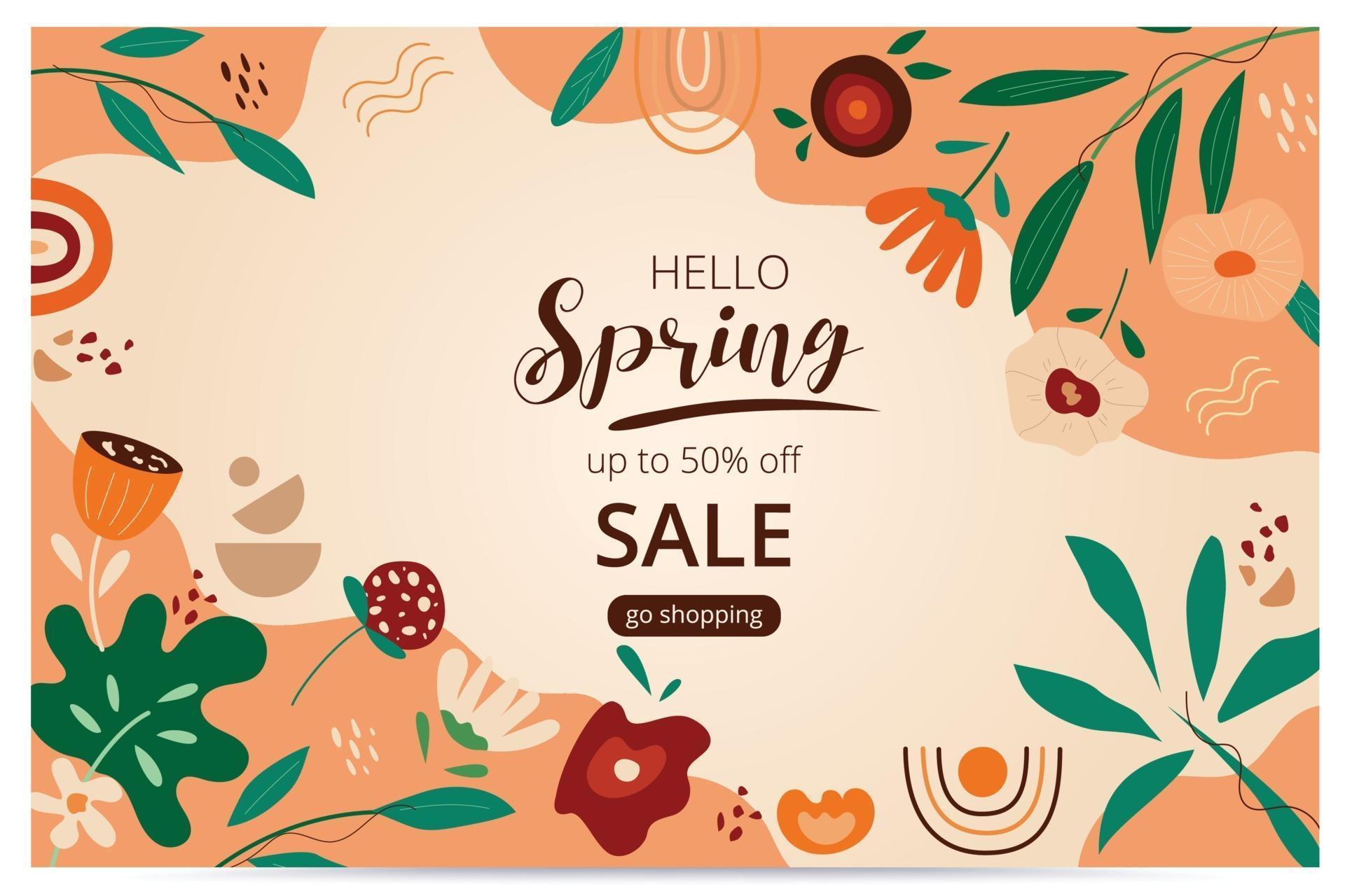 Hello spring sale banner with blossom bloom. Sale banner. Vector illustration. Hand drawn. Organic flower design. Stock Free