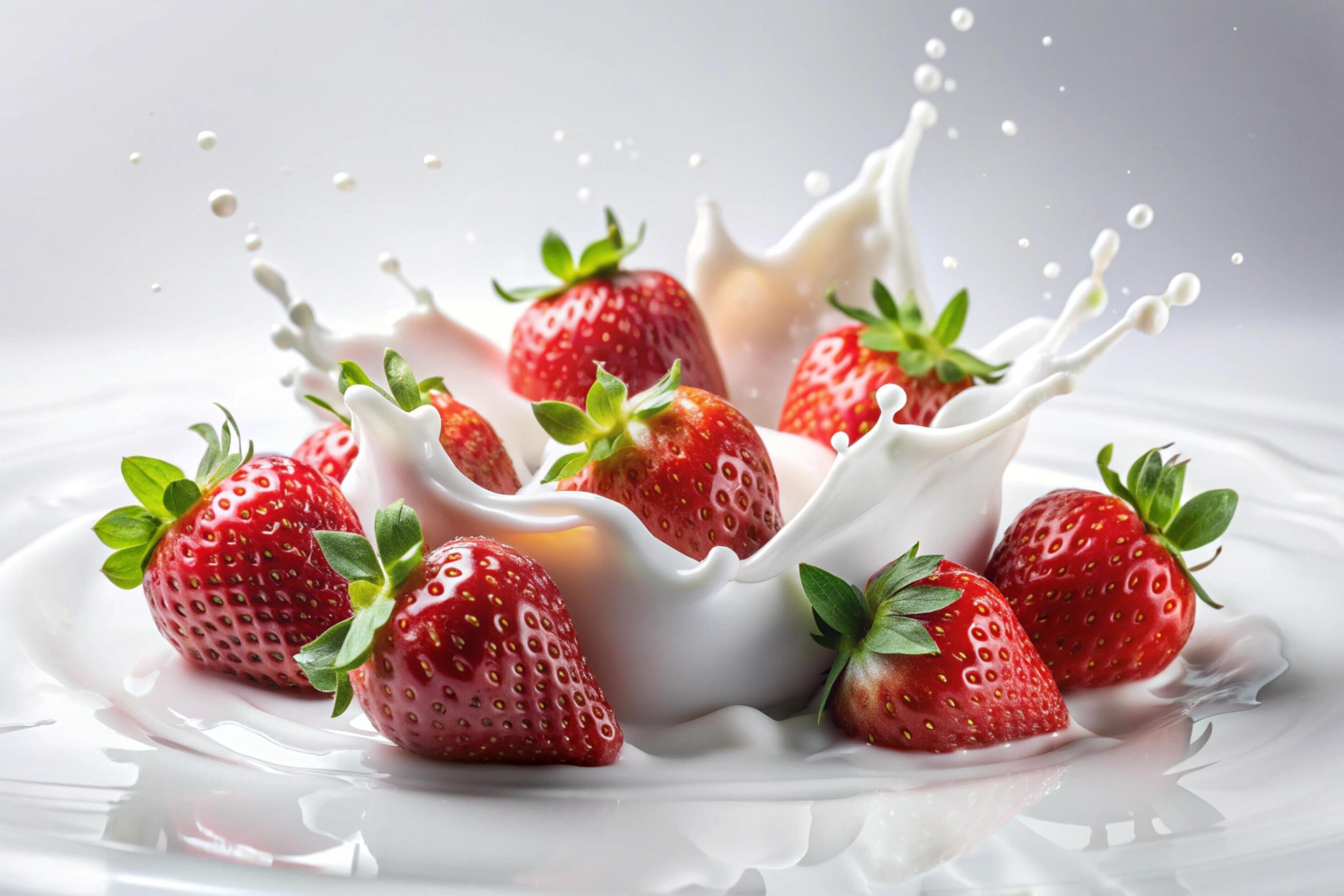 Milk splashes with strawberry on white background Stock Free