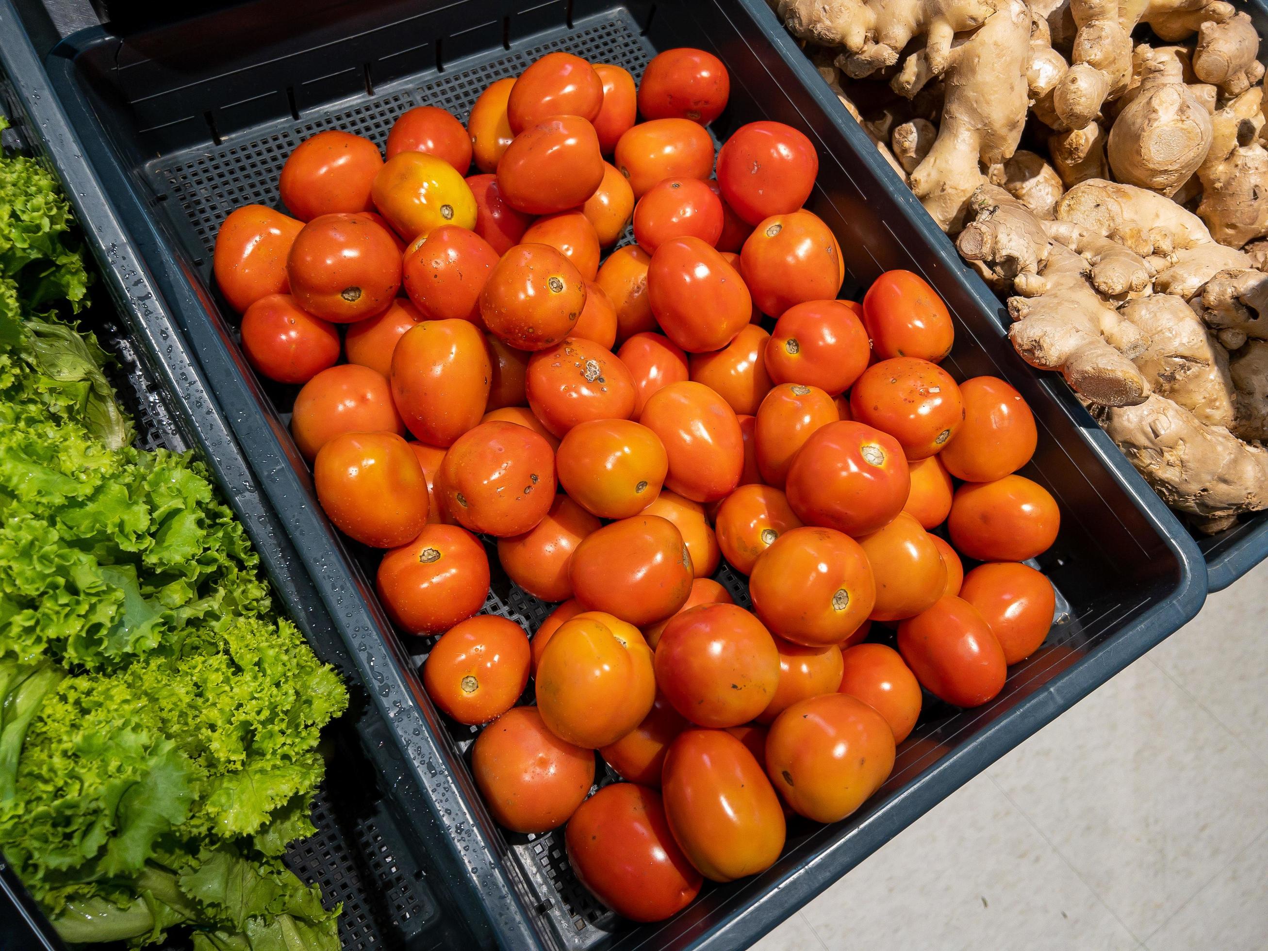 Fresh organic Vegetables and fruits on shelf in supermarket, farmers market. Healthy food market concept Stock Free