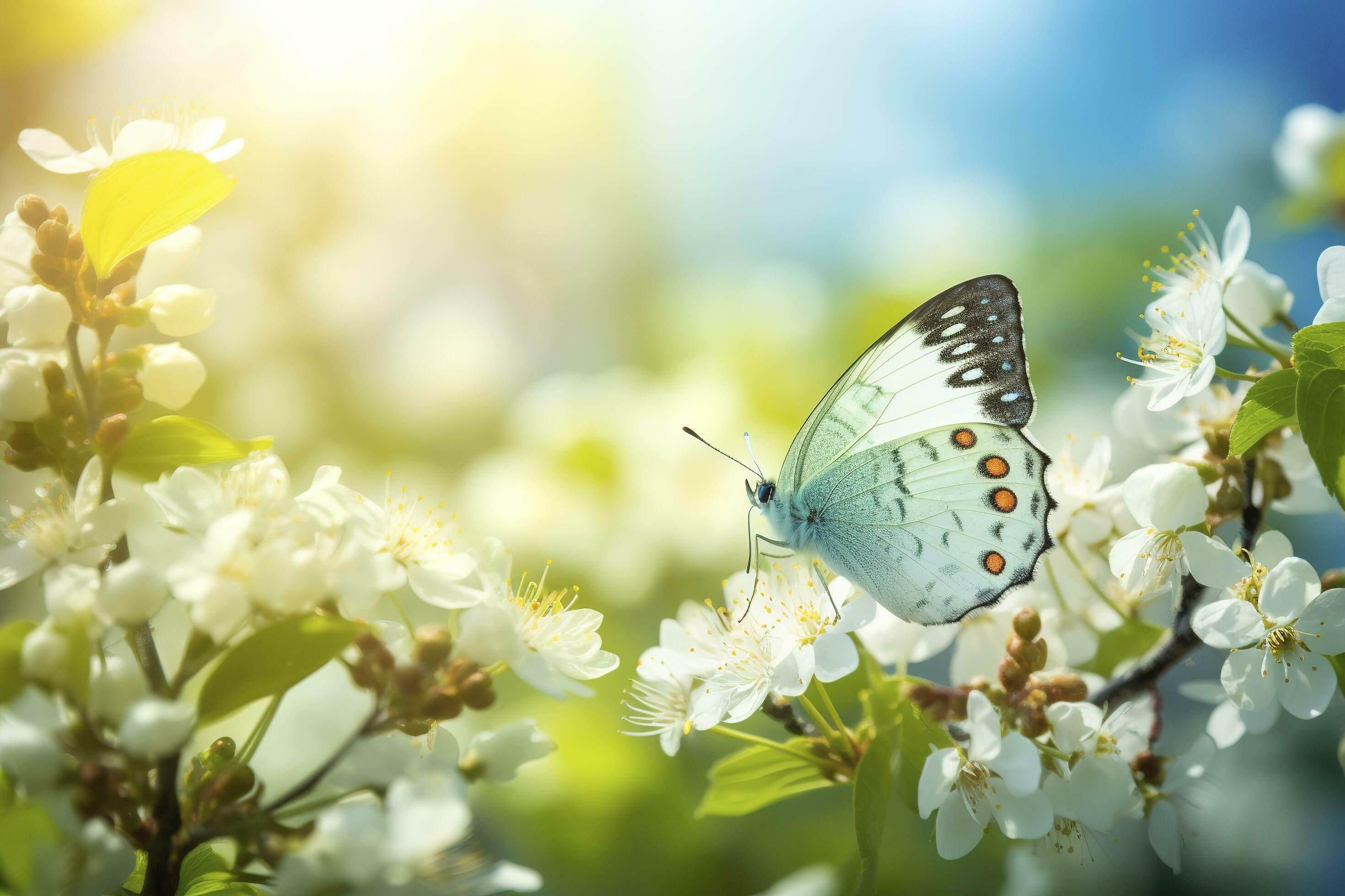 A butterfly sitting on flower and leaf, generate ai Stock Free