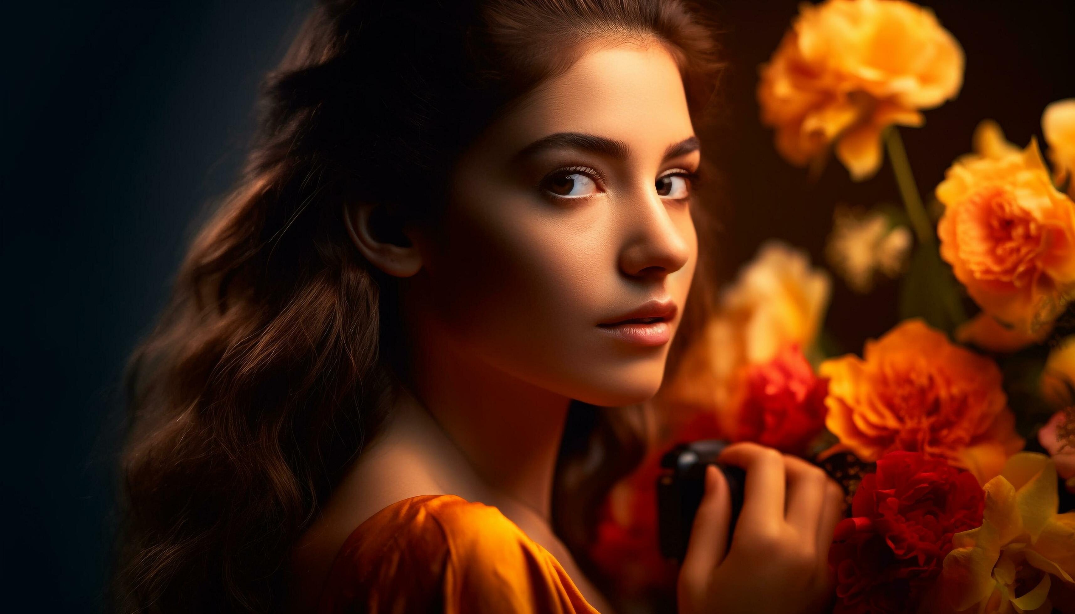 Young woman holding flower, looking away peacefully generated by AI Stock Free