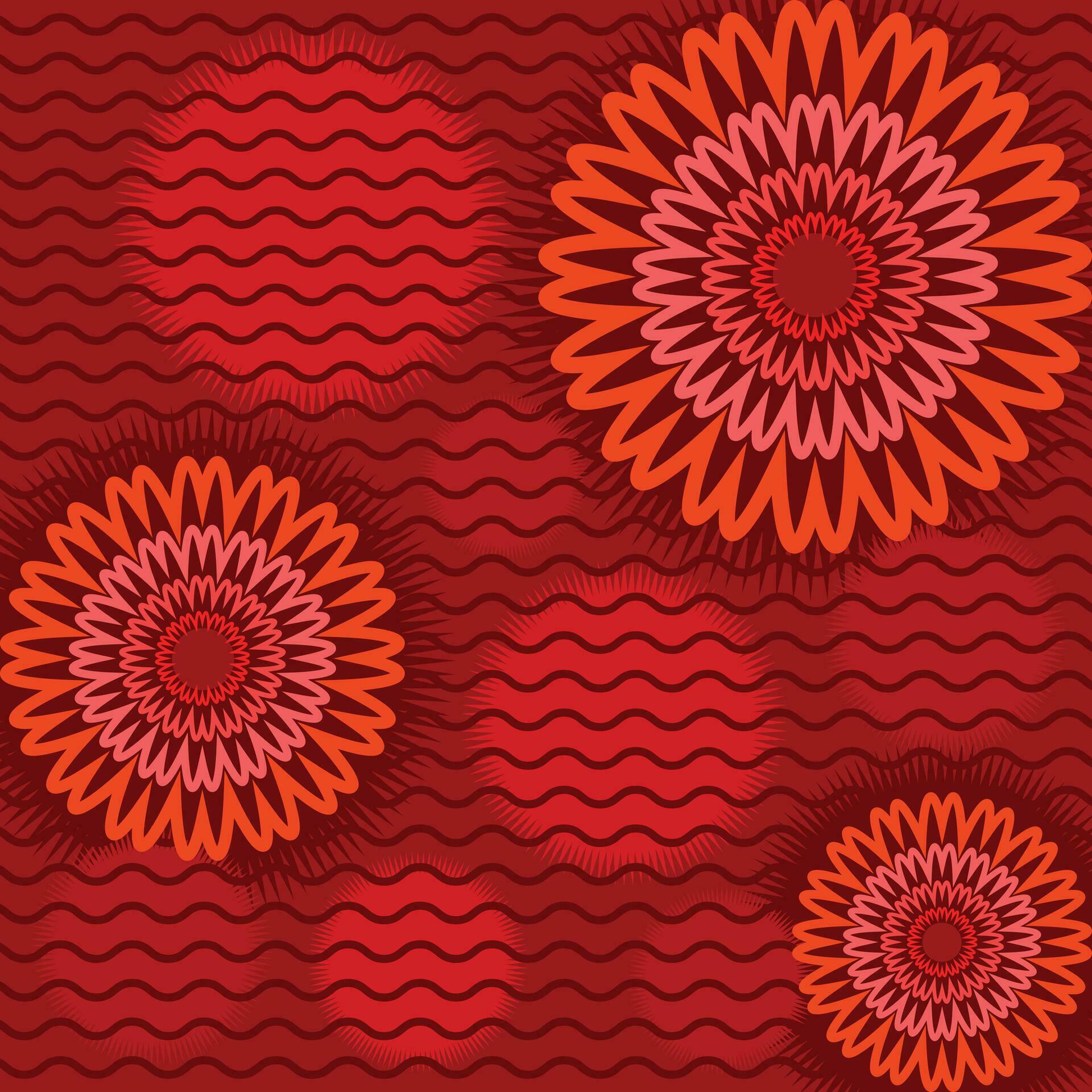 Red, brown, and orange abstract flowers and lines vector background design isolated on square template. Stock Free