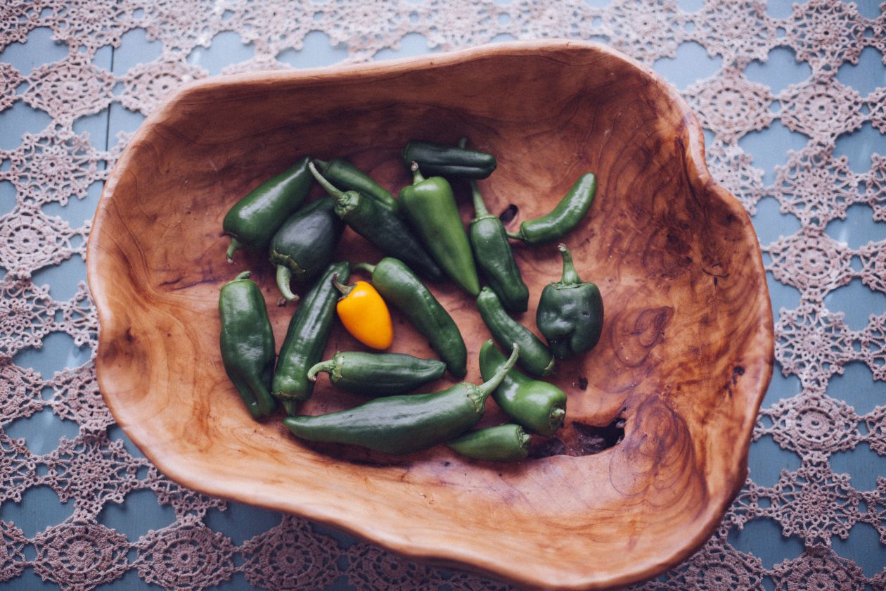 Wooden Bowl Green Orange Peppers Lace Table Cloth Teal Stock Free