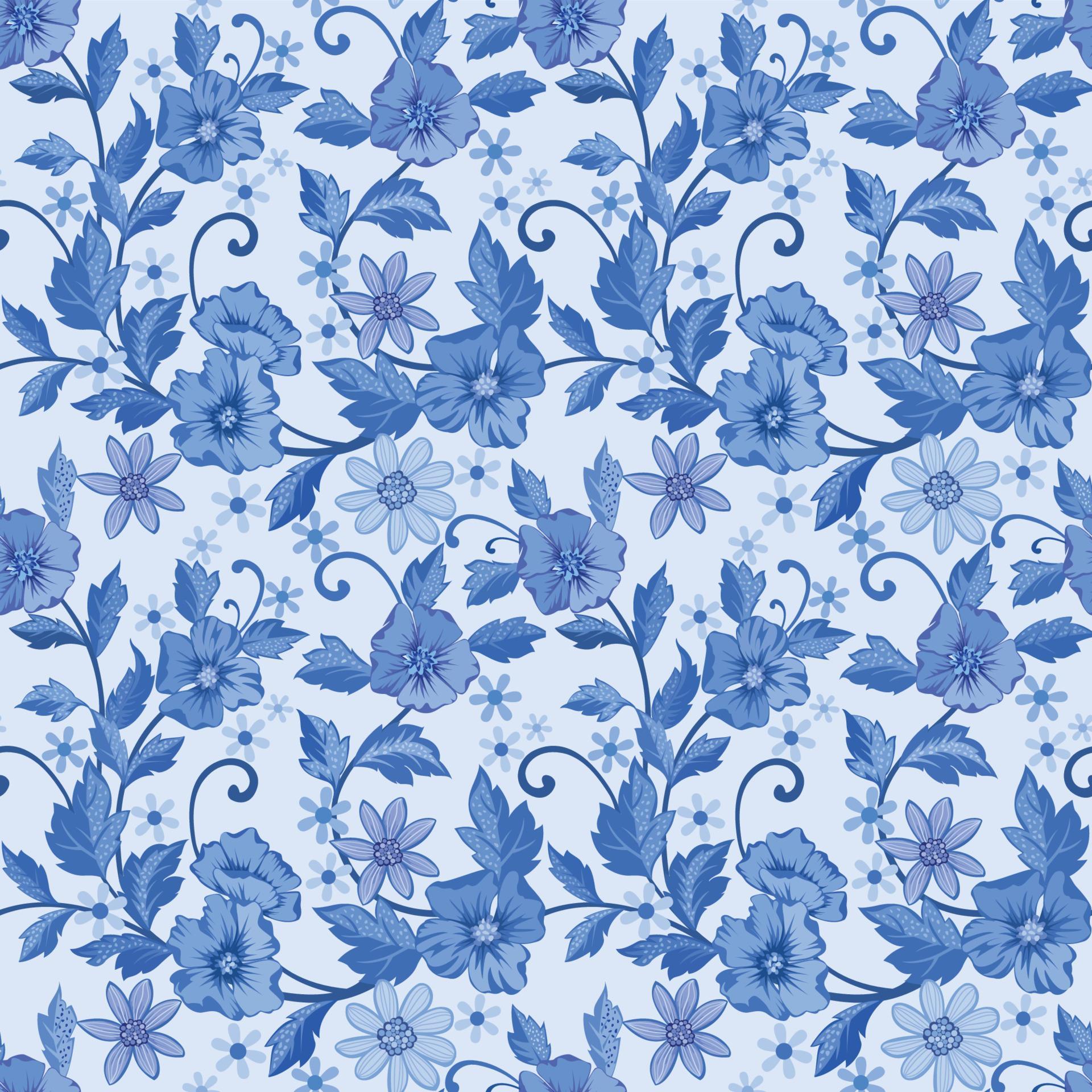 Monochrome blue flowers and leaves seamless pattern Stock Free