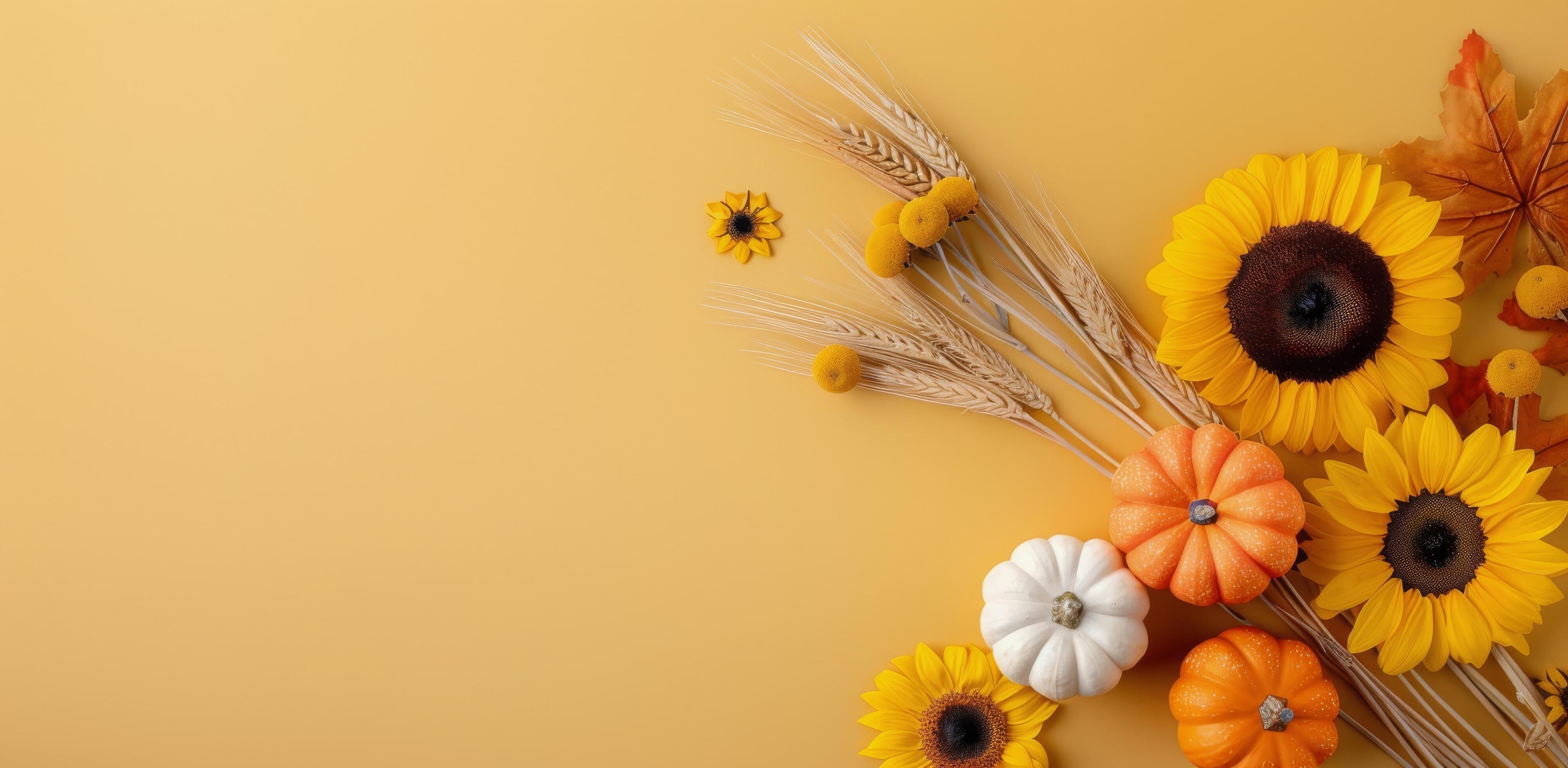 Vibrant Sunflower Arrangement With Pumpkins on Yellow Background in Autumn Stock Free