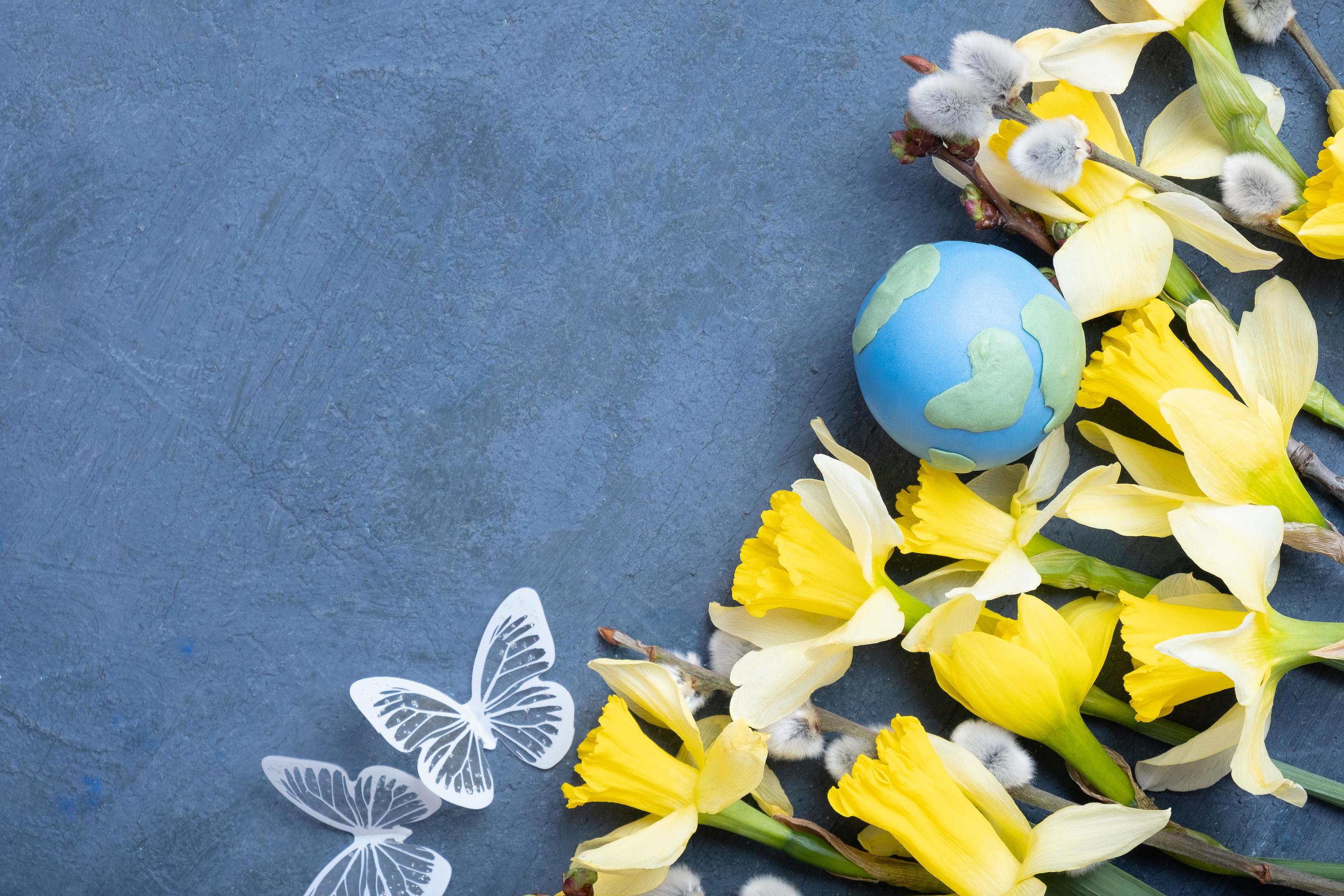 Globe, flowers and butterfly with copy space. Happy Earth day concept flat lay, top view. Stock Free