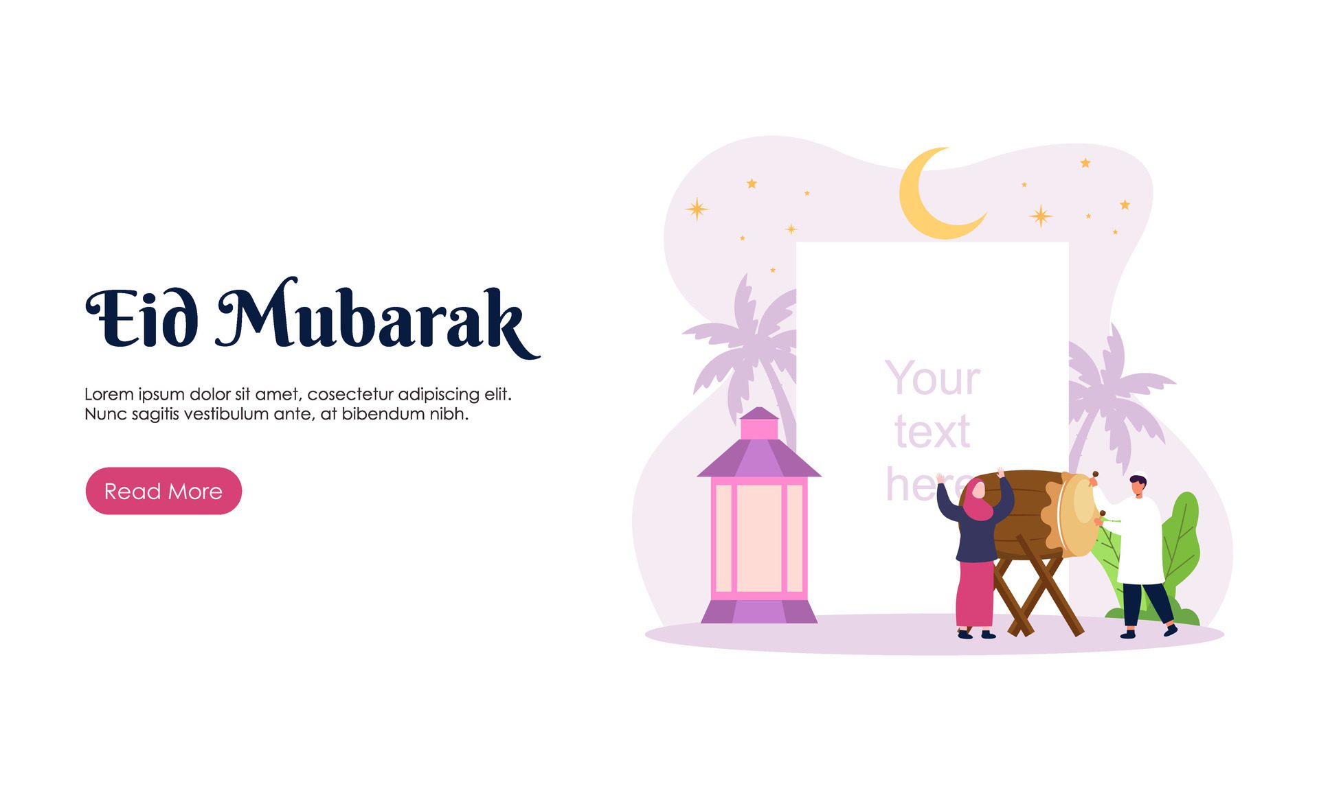 Happy Eid Mubarak or Ramadan Greeting with People Character Illustration. Islamic Design Template for Banner, Landing Page or Poster. Free Vector