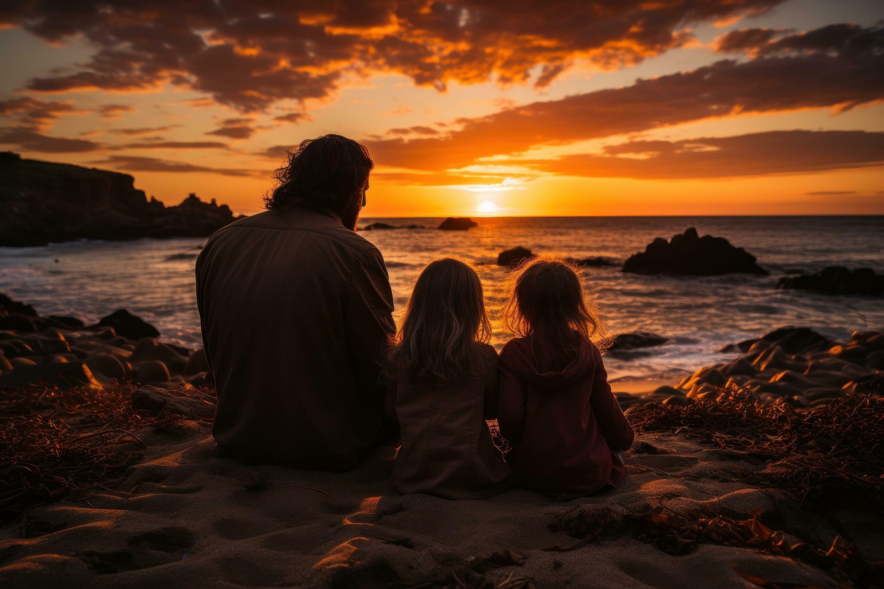 Loving family cuddling and watching the sunset on the beach Stock Free