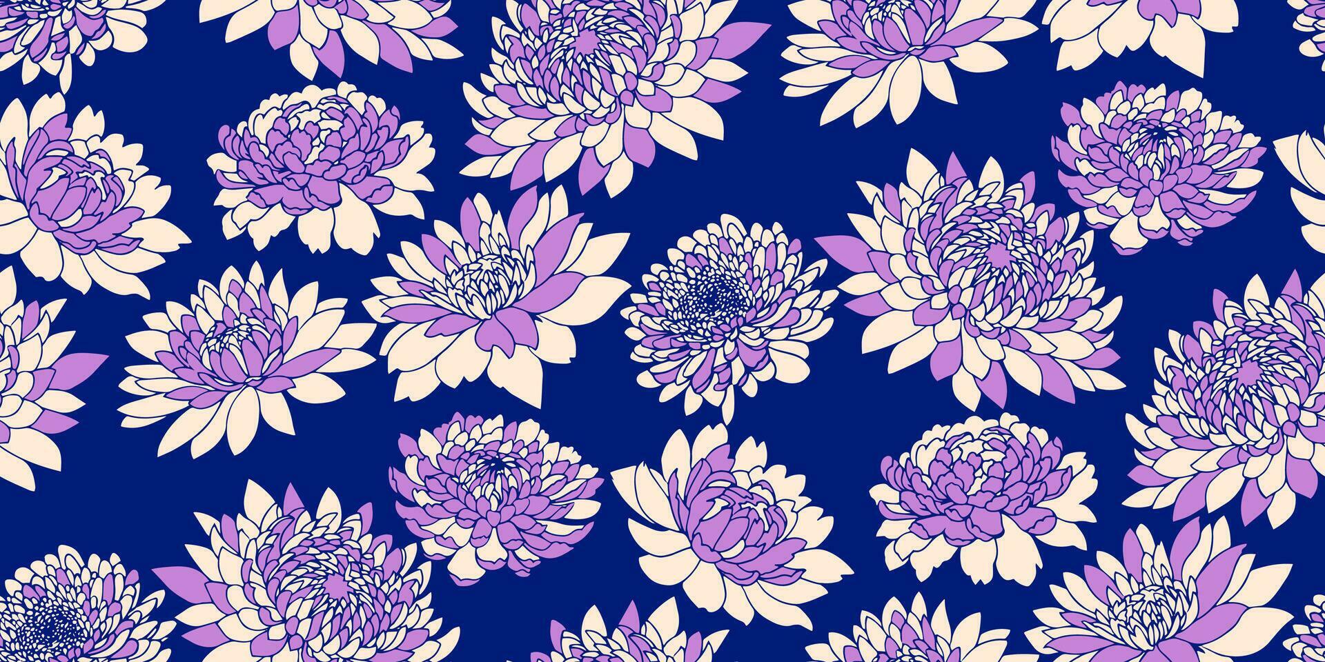 Creative shape floral seamless pattern. Vector hand drawn sketch. Abstract silhouettes flowers peonies, dahlia on a bright blue background. Stock Free