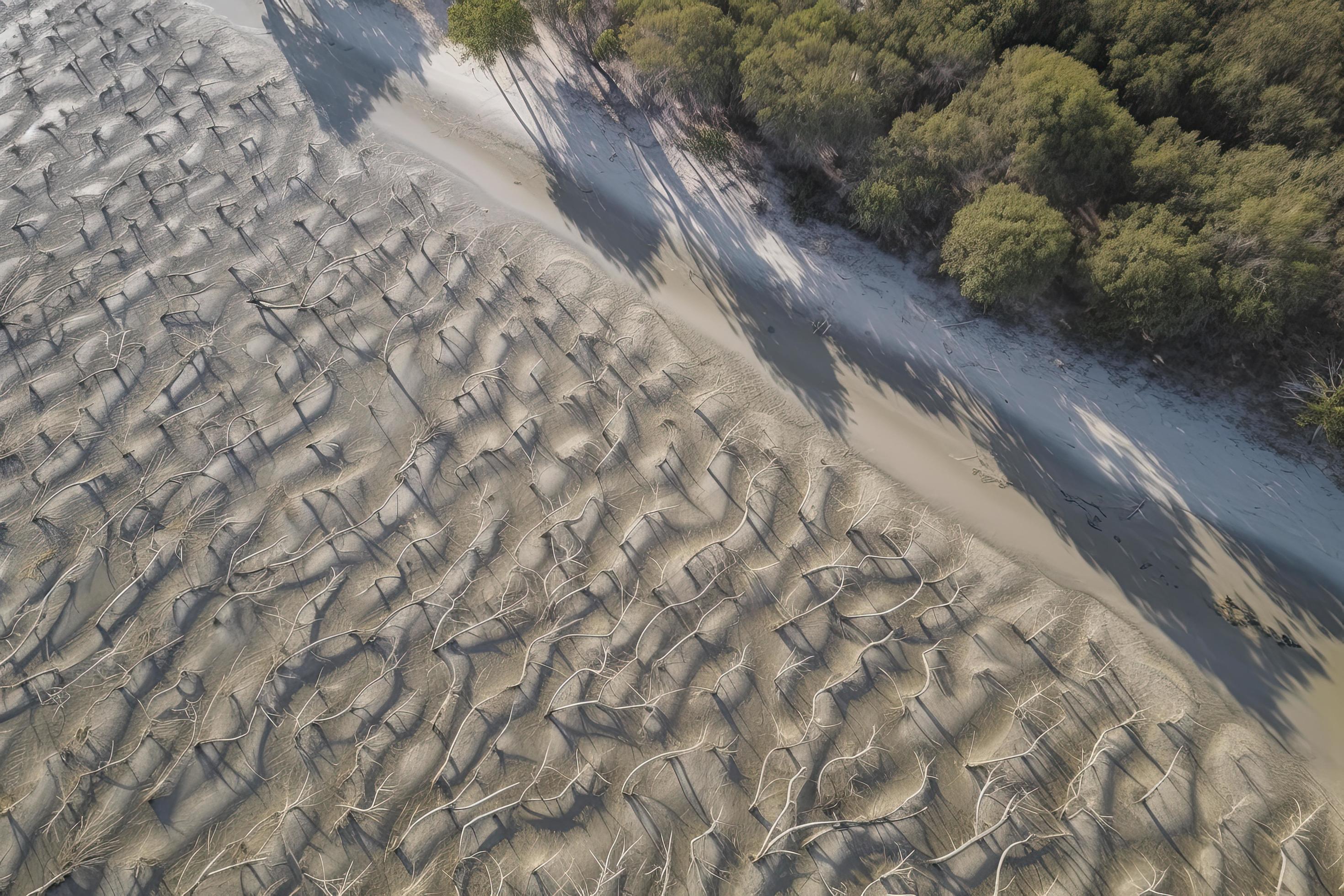 Aerial view of natural patterns in the sand at low tide near mangrove tree forest. Stock Free