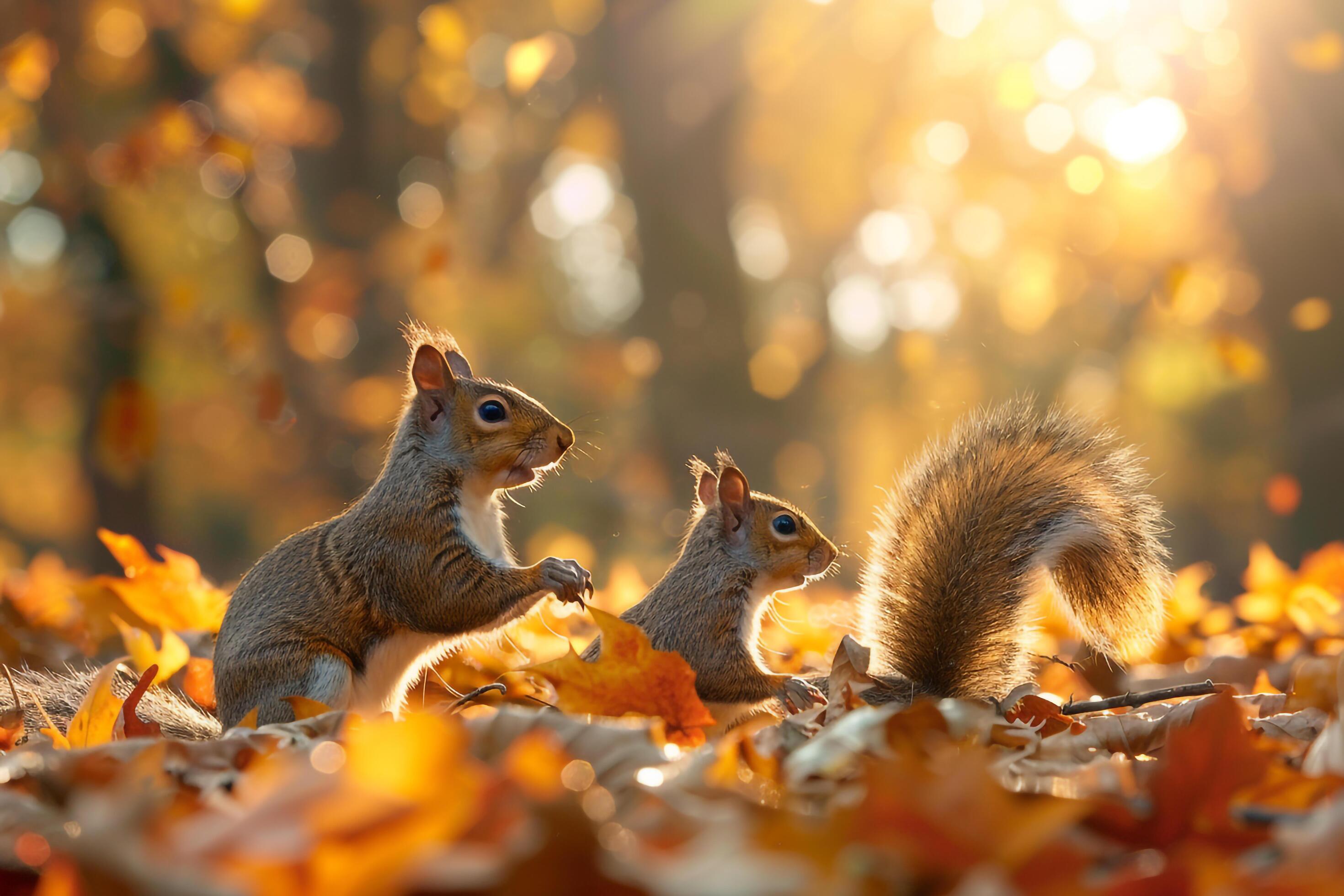 Family of Squirrels Playfully Chasing Each Other Among Sun Dappled Autumn Leaves Nature Background Stock Free