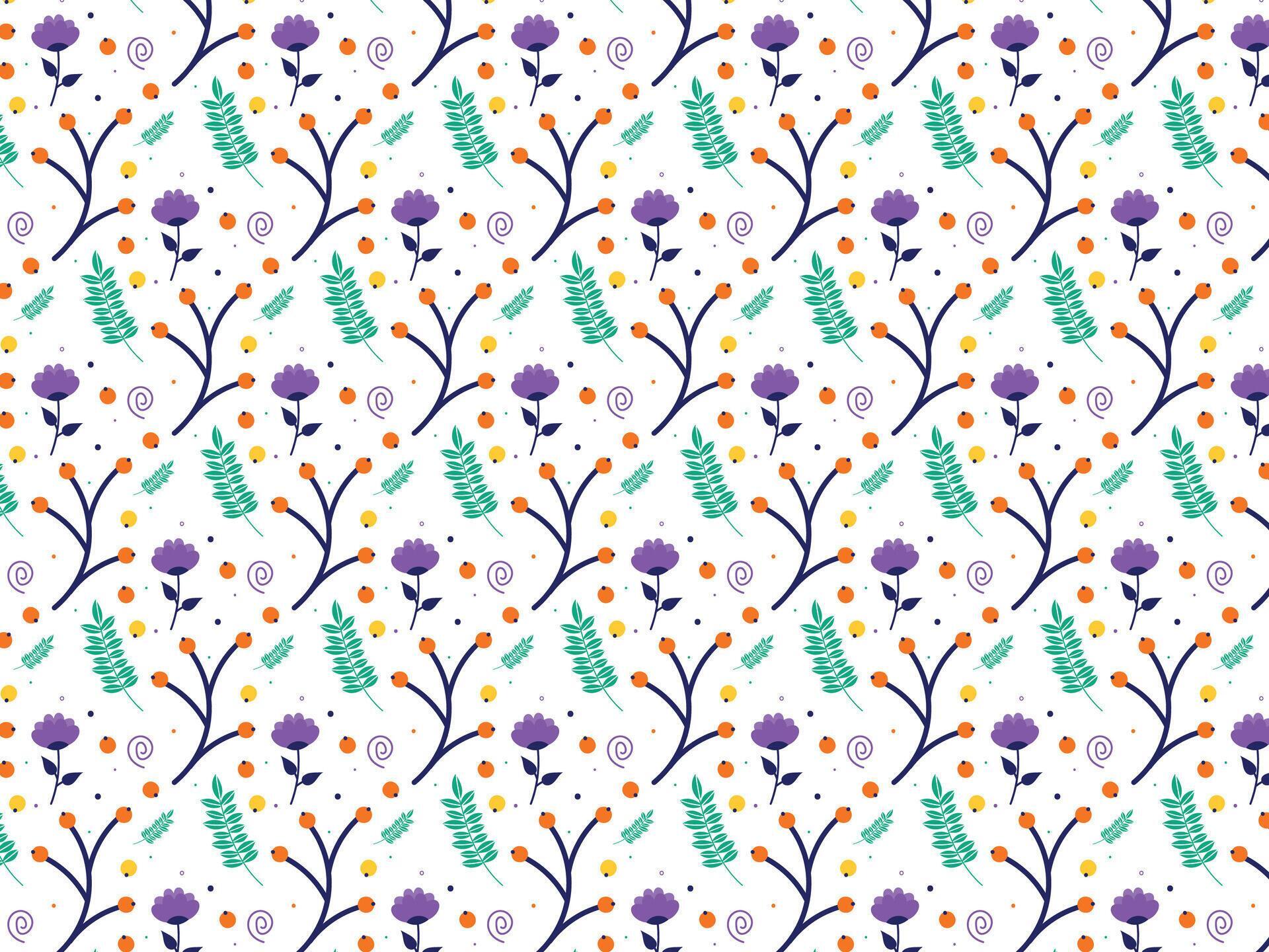 Seamless pattern with purple flowers and green leaves. Vector floral background. Stock Free